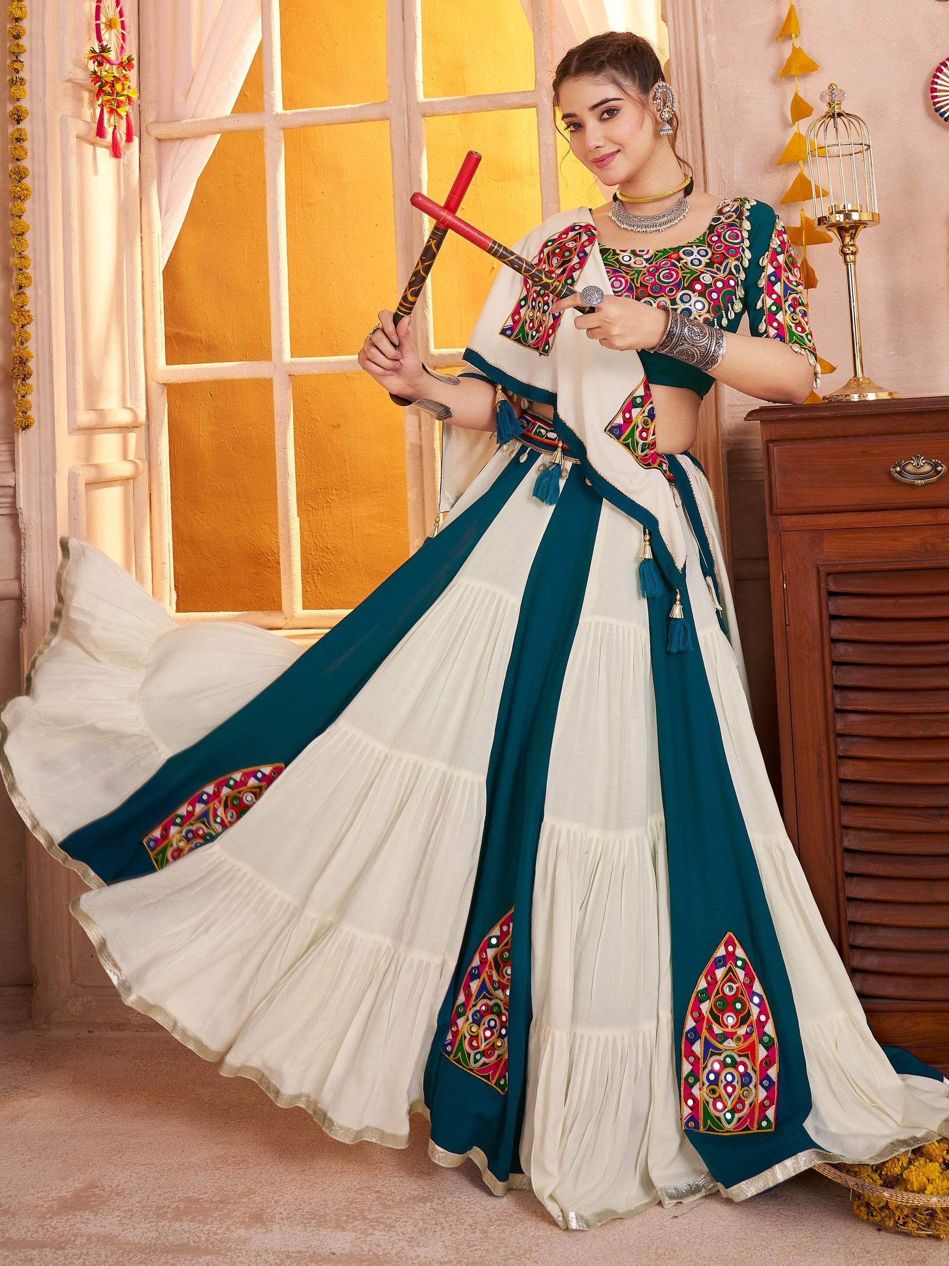 Gleaming Teal Blue Viscose Cotton Kutchi Work Navratri Lehenga Choli