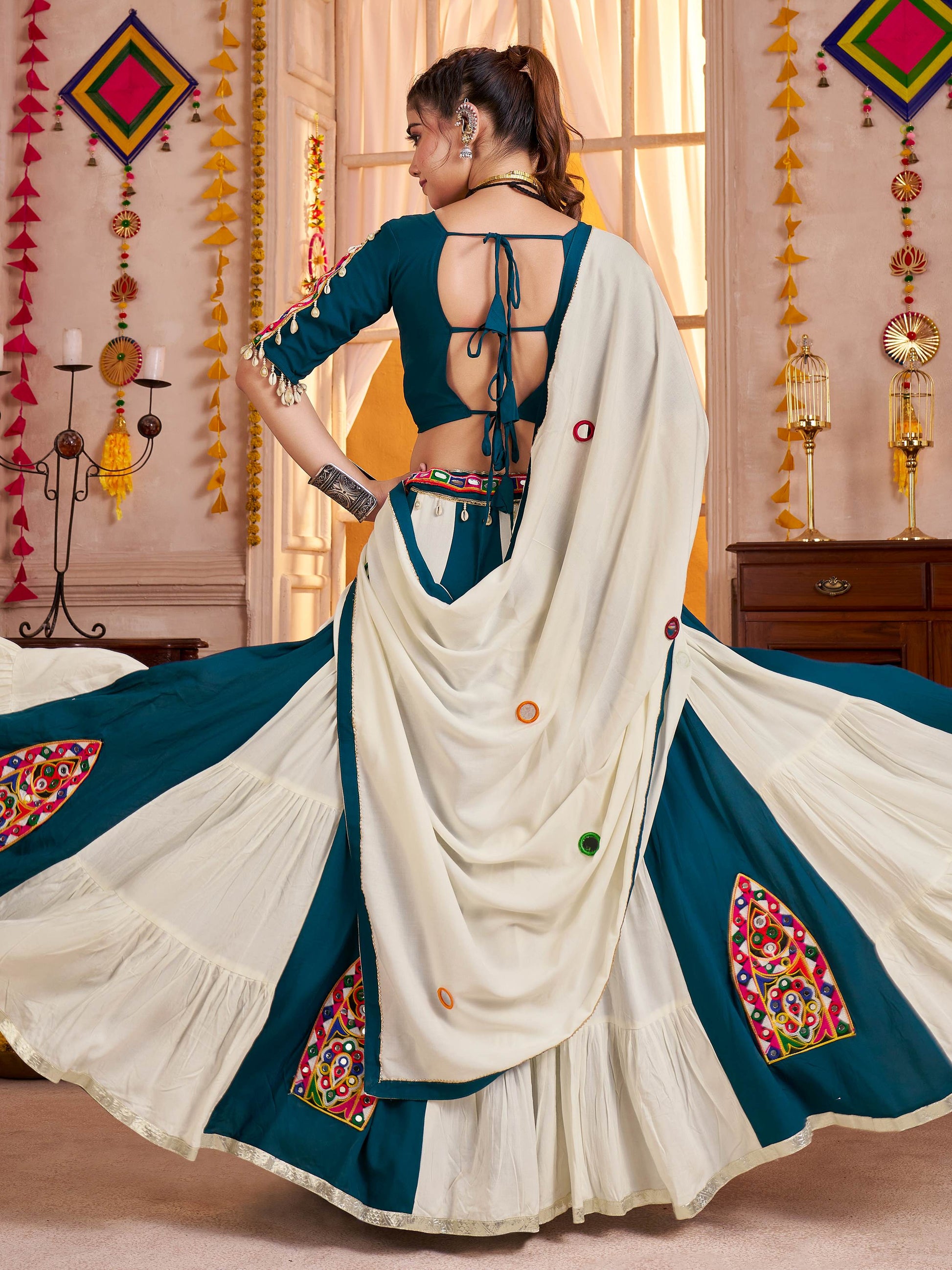 Gleaming Teal Blue Viscose Cotton Kutchi Work Navratri Lehenga Choli