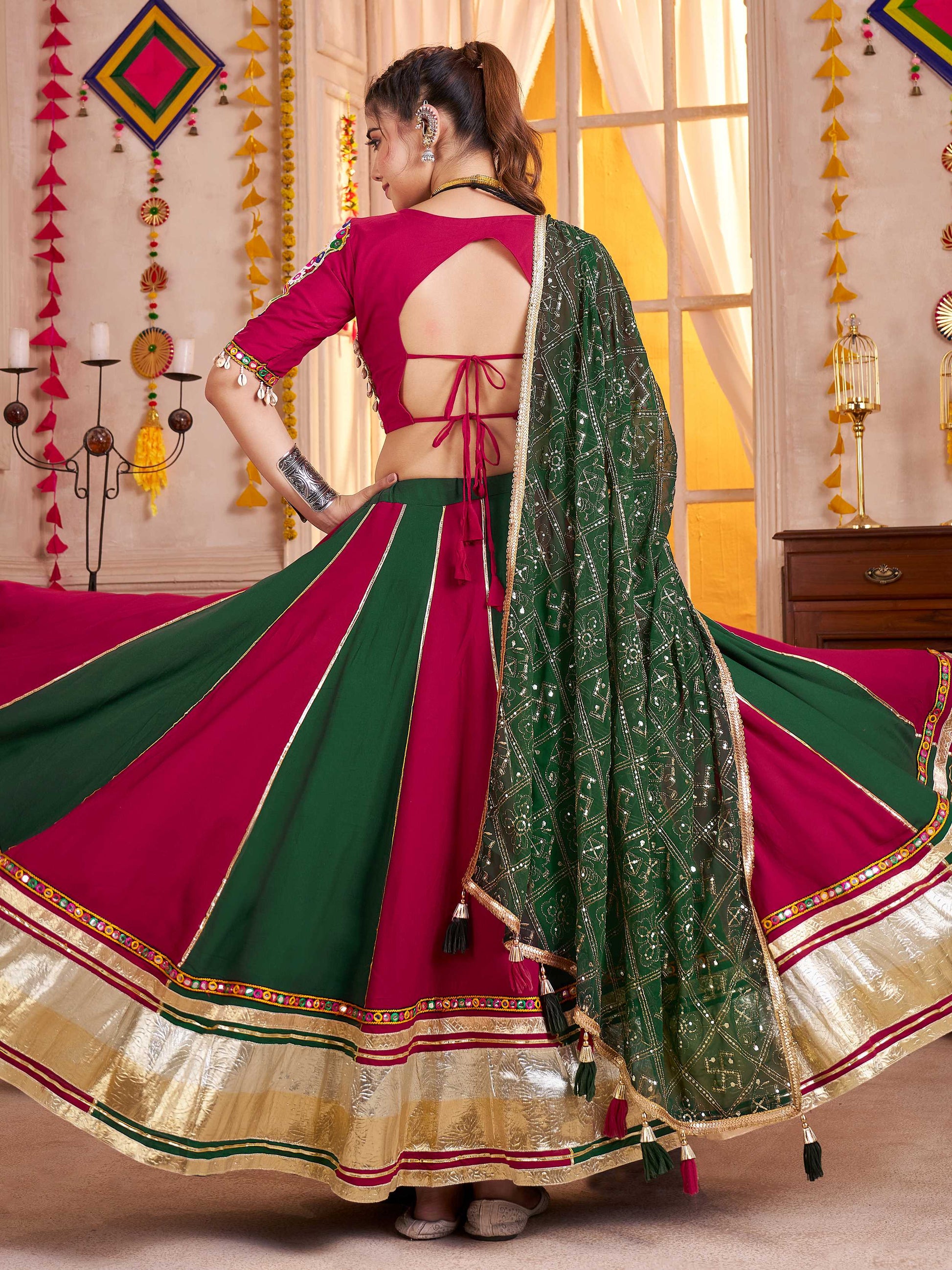 Glamorous Maroon Cotton Lace Work Lehenga Choli With Dupatta