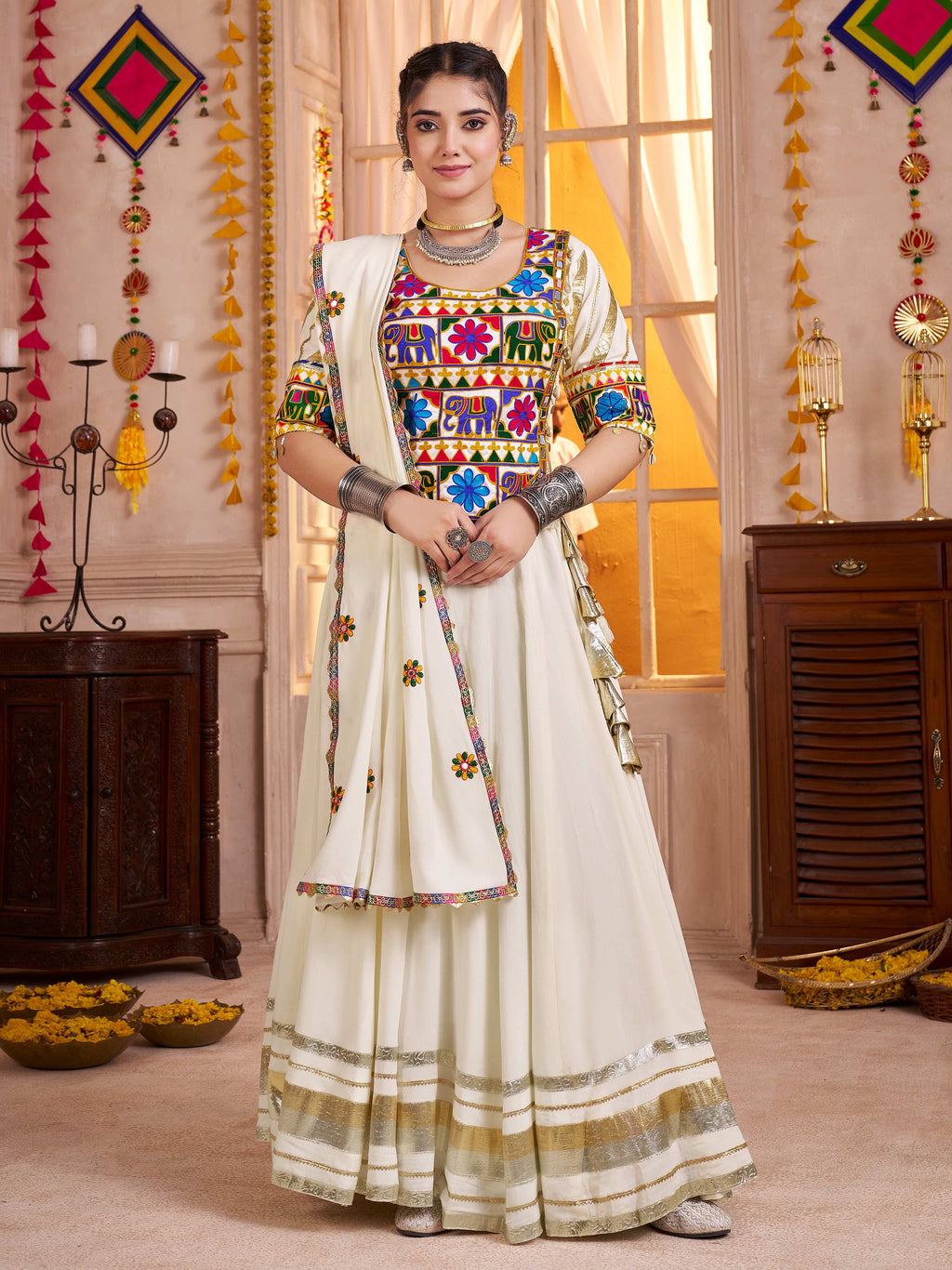 Gorgeous White Cotton Mirror Work Festive Wear Lehenga Choli