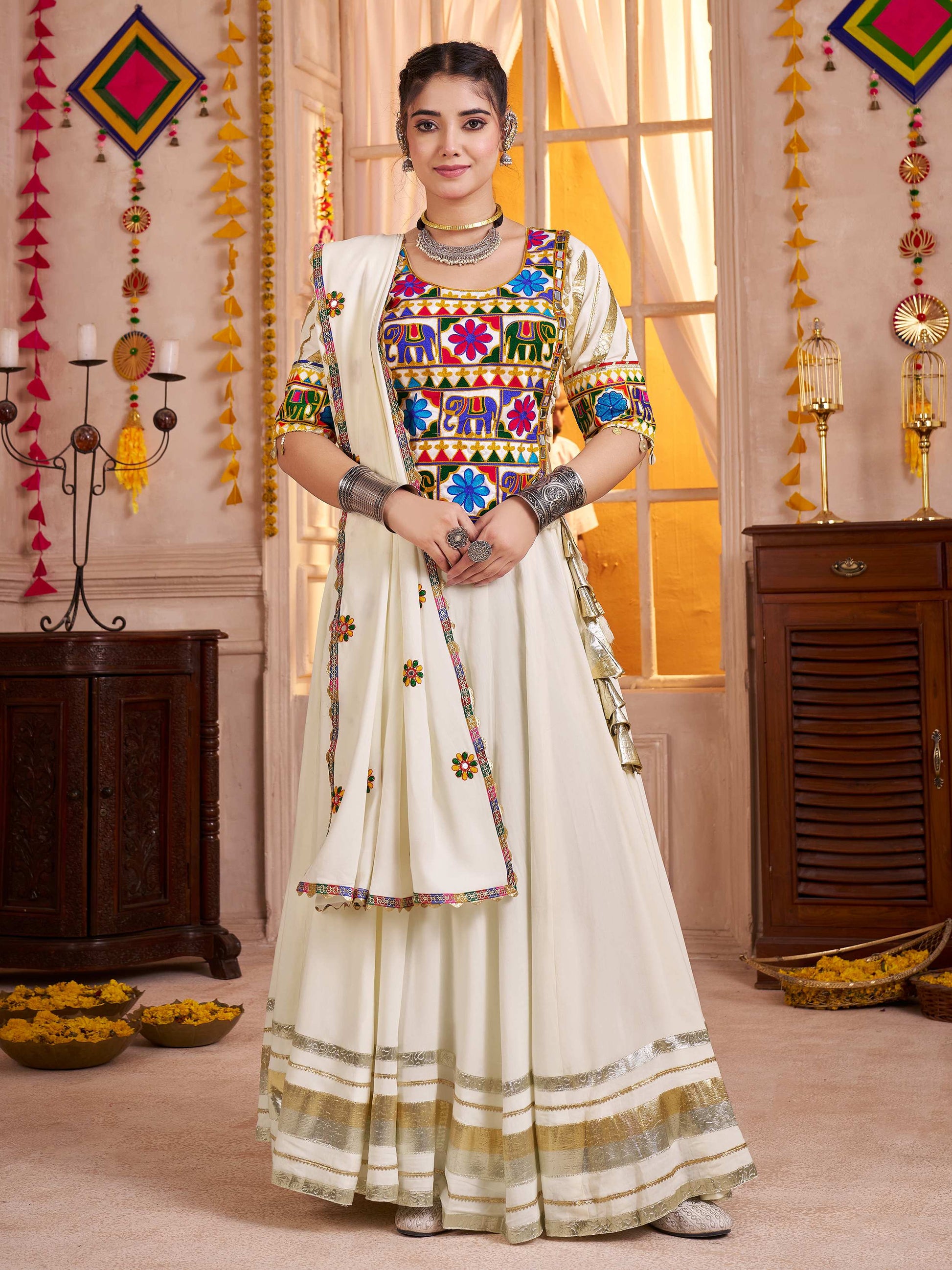 Gorgeous White Cotton Mirror Work Festive Wear Lehenga Choli