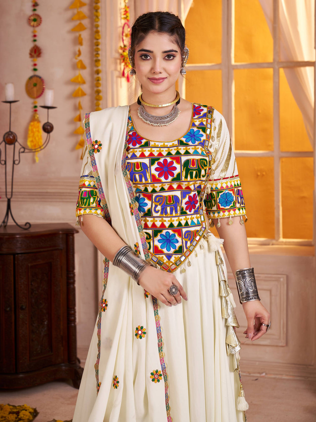 Gorgeous White Cotton Mirror Work Festive Wear Lehenga Choli