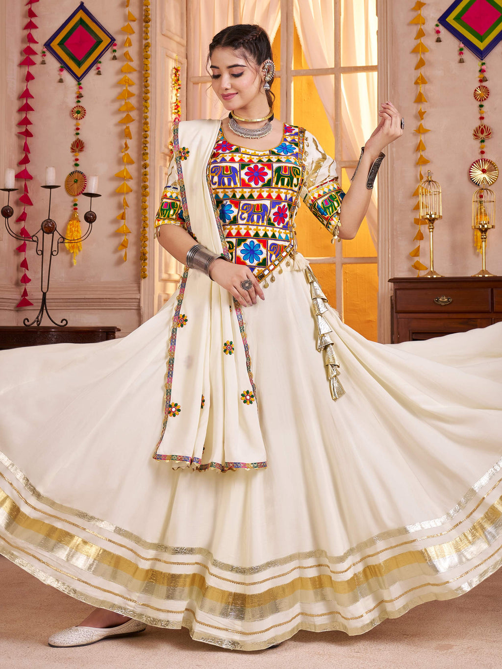 Gorgeous White Cotton Mirror Work Festive Wear Lehenga Choli