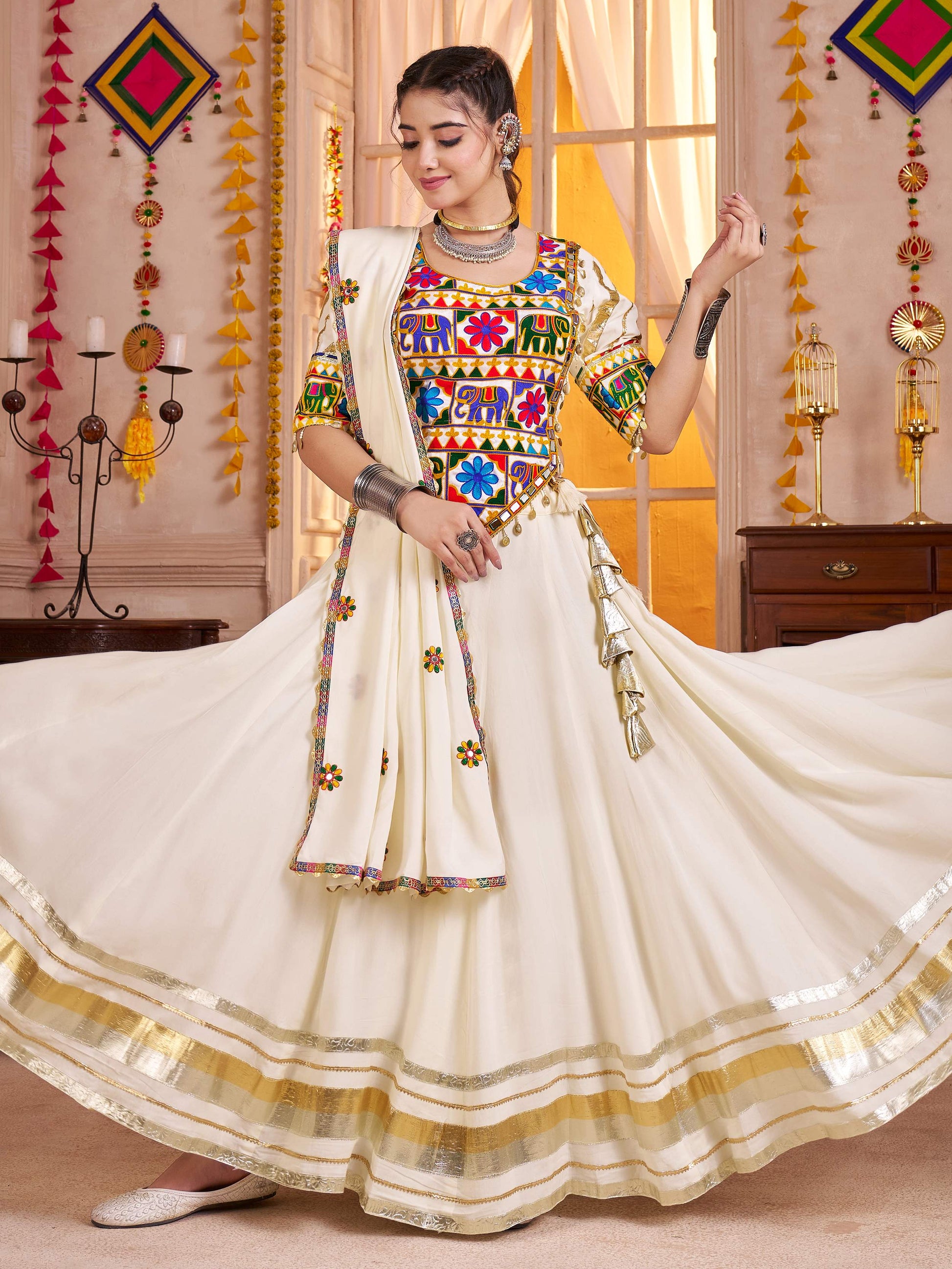 Gorgeous White Cotton Mirror Work Festive Wear Lehenga Choli