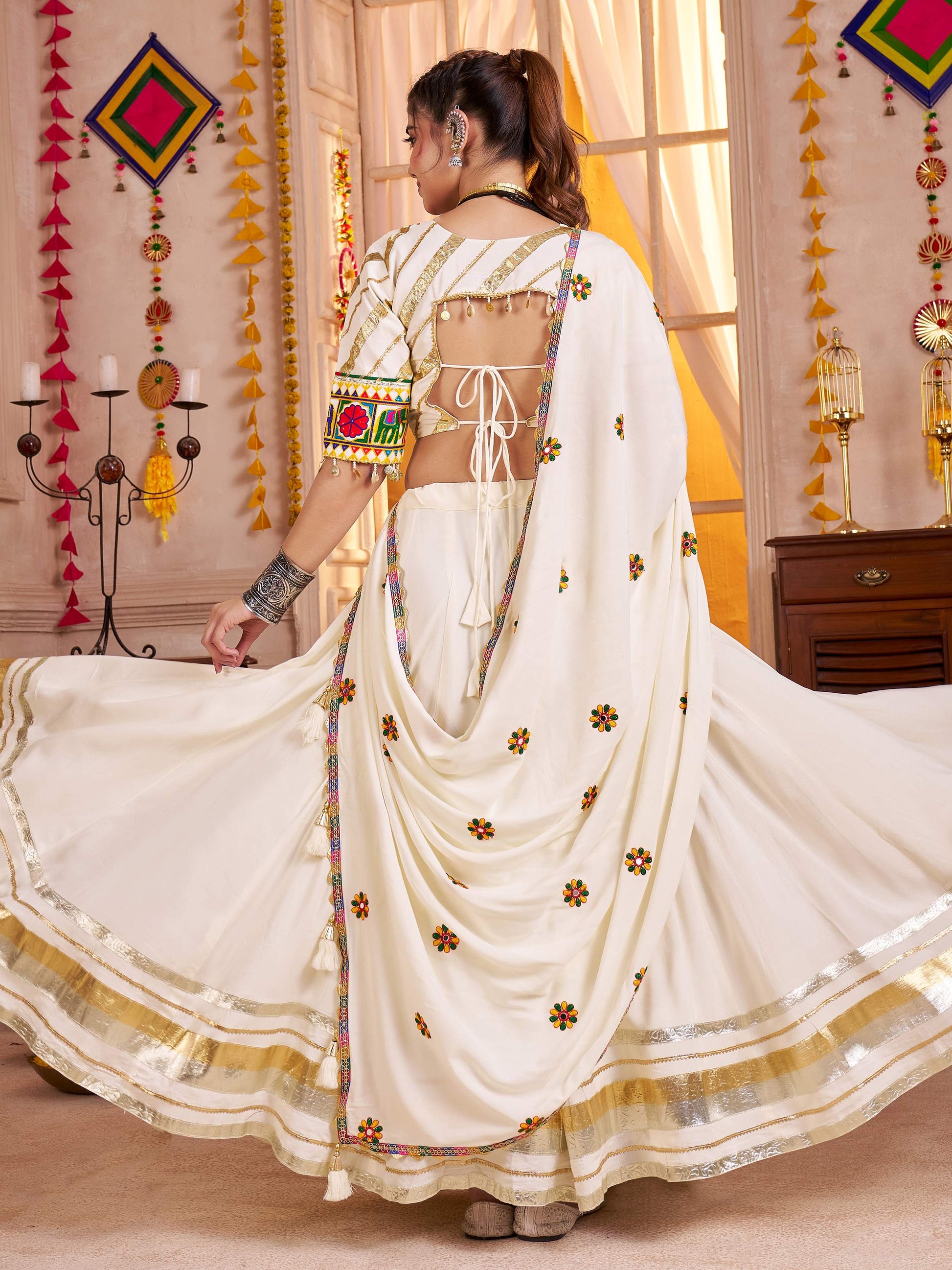 Gorgeous White Cotton Mirror Work Festive Wear Lehenga Choli