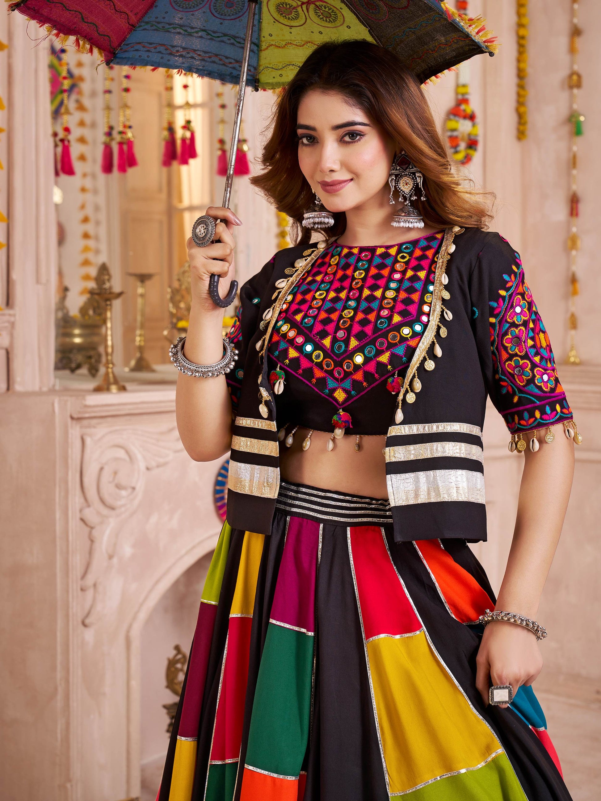 Precious Black Patch Work Navratri Wear Lehenga Choli With Jacket