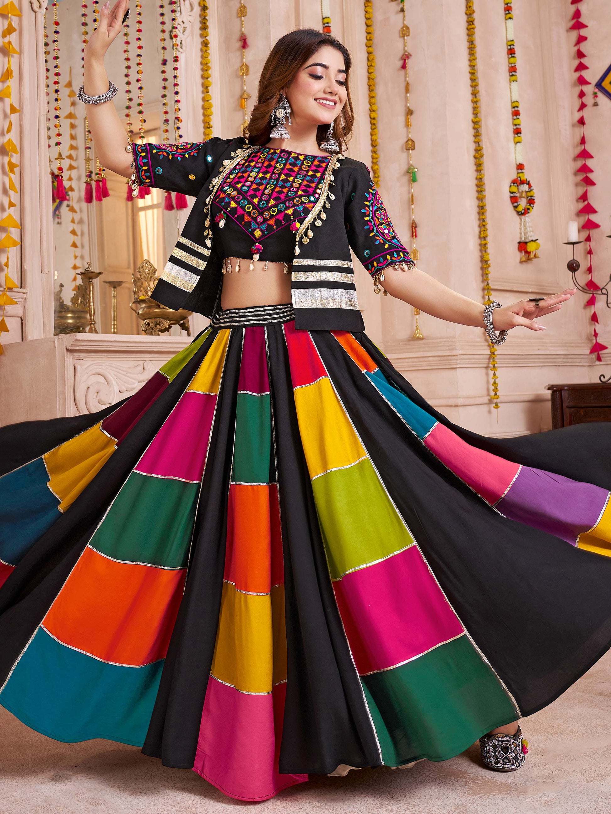 Precious Black Patch Work Navratri Wear Lehenga Choli With Jacket