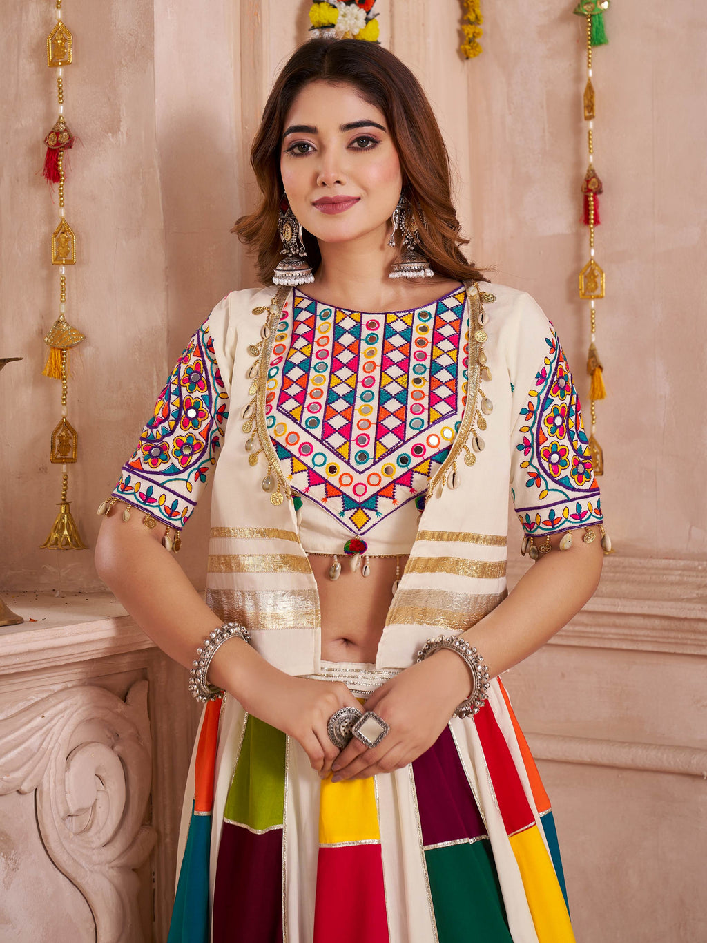 Captivating White Cotton Mirror Work Navratri Wear Lehenga Choli