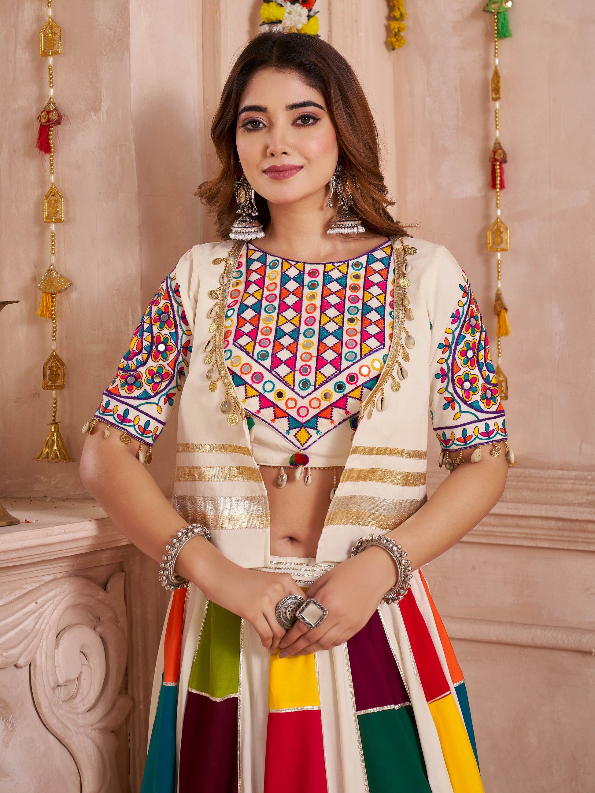 Captivating White Cotton Mirror Work Navratri Wear Lehenga Choli