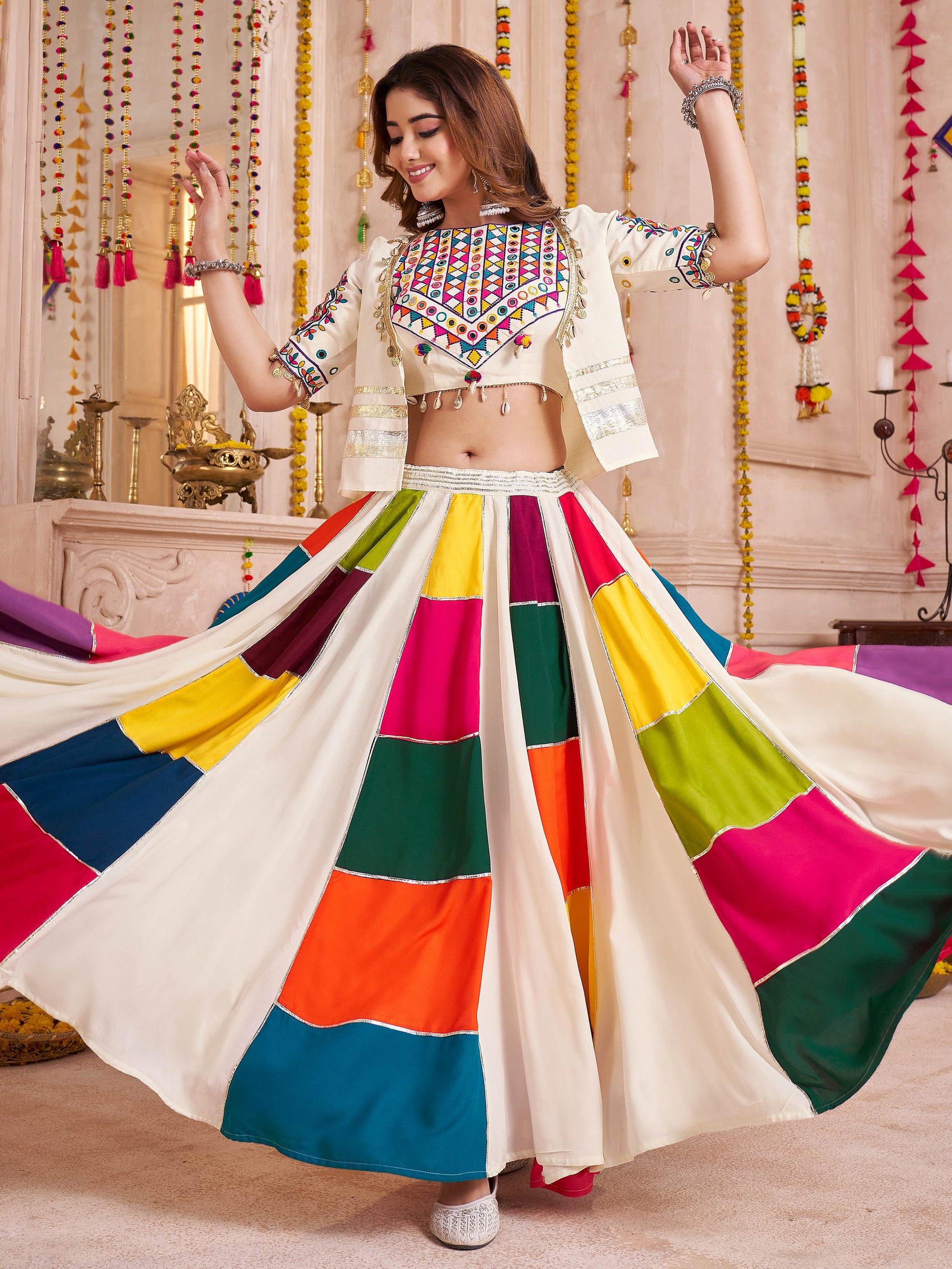 Captivating White Cotton Mirror Work Navratri Wear Lehenga Choli