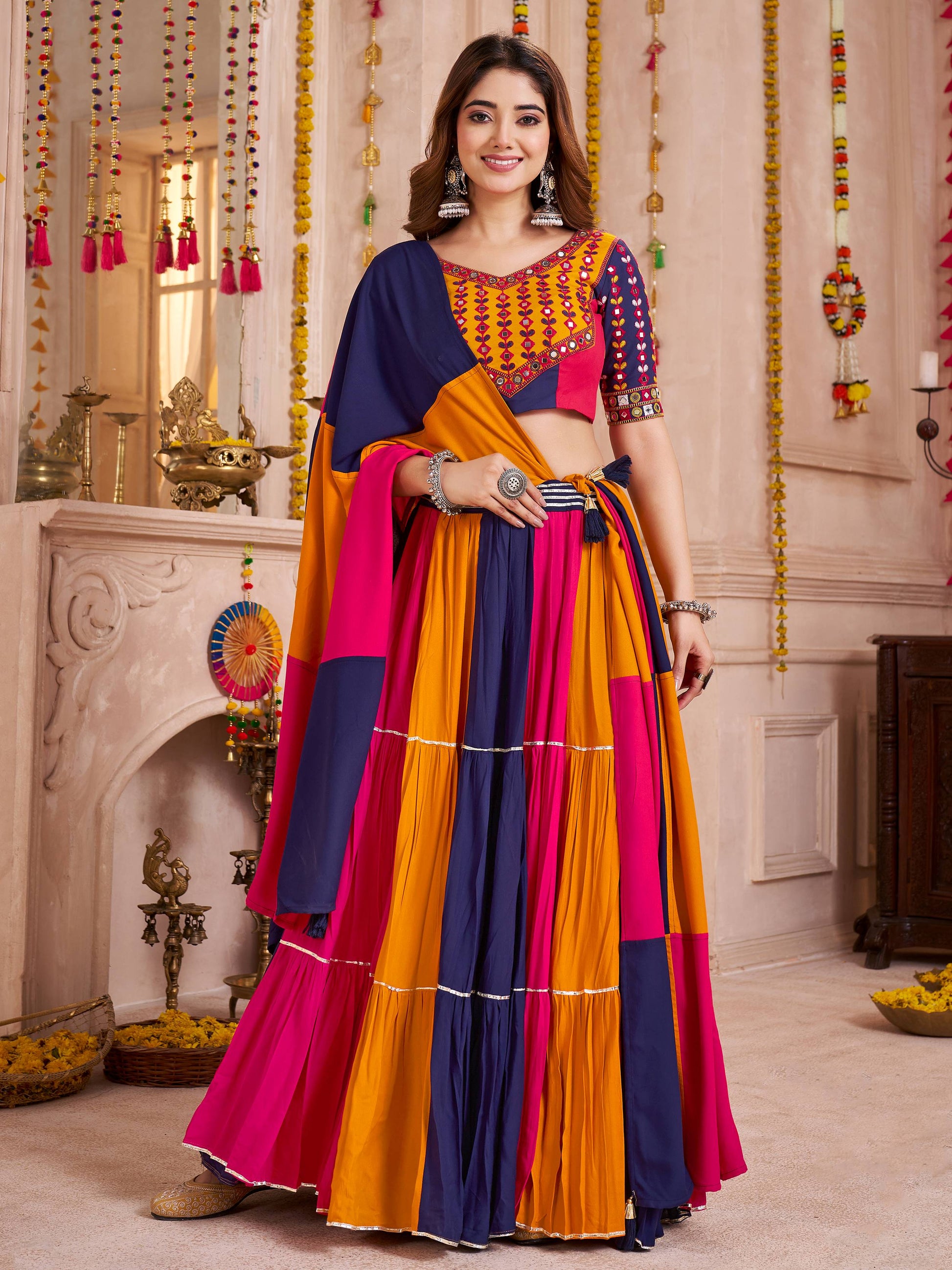 Bewitching Multi-Color Cotton Lace Work Traditional Lehenga Choli