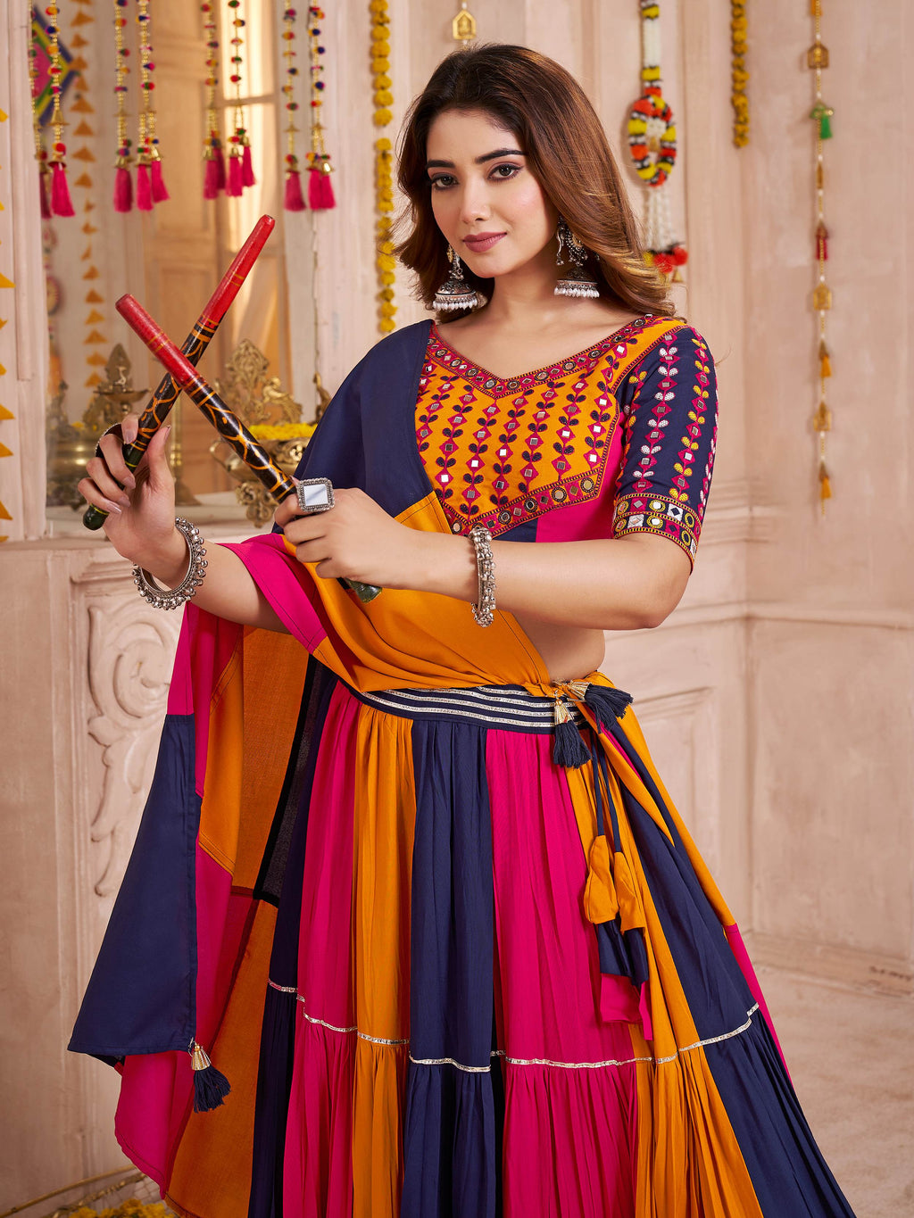 Bewitching Multi-Color Cotton Lace Work Traditional Lehenga Choli