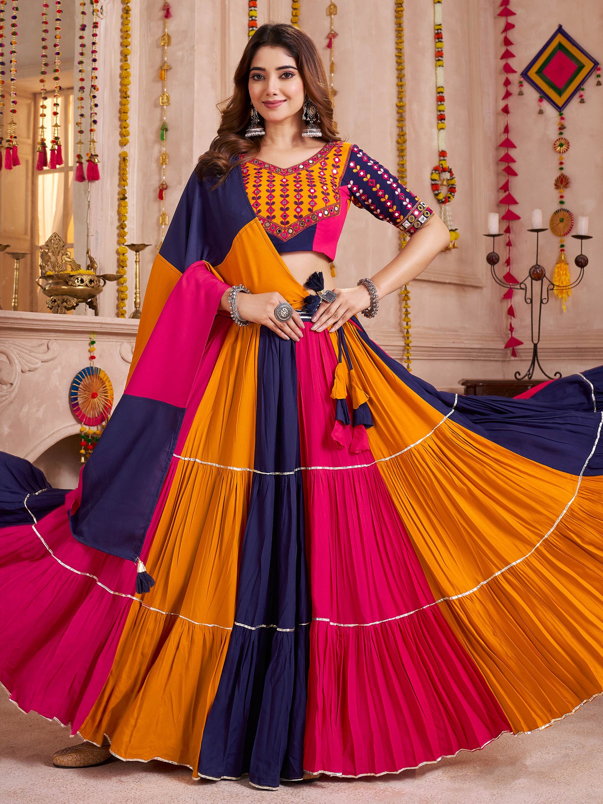 Bewitching Multi-Color Cotton Lace Work Traditional Lehenga Choli