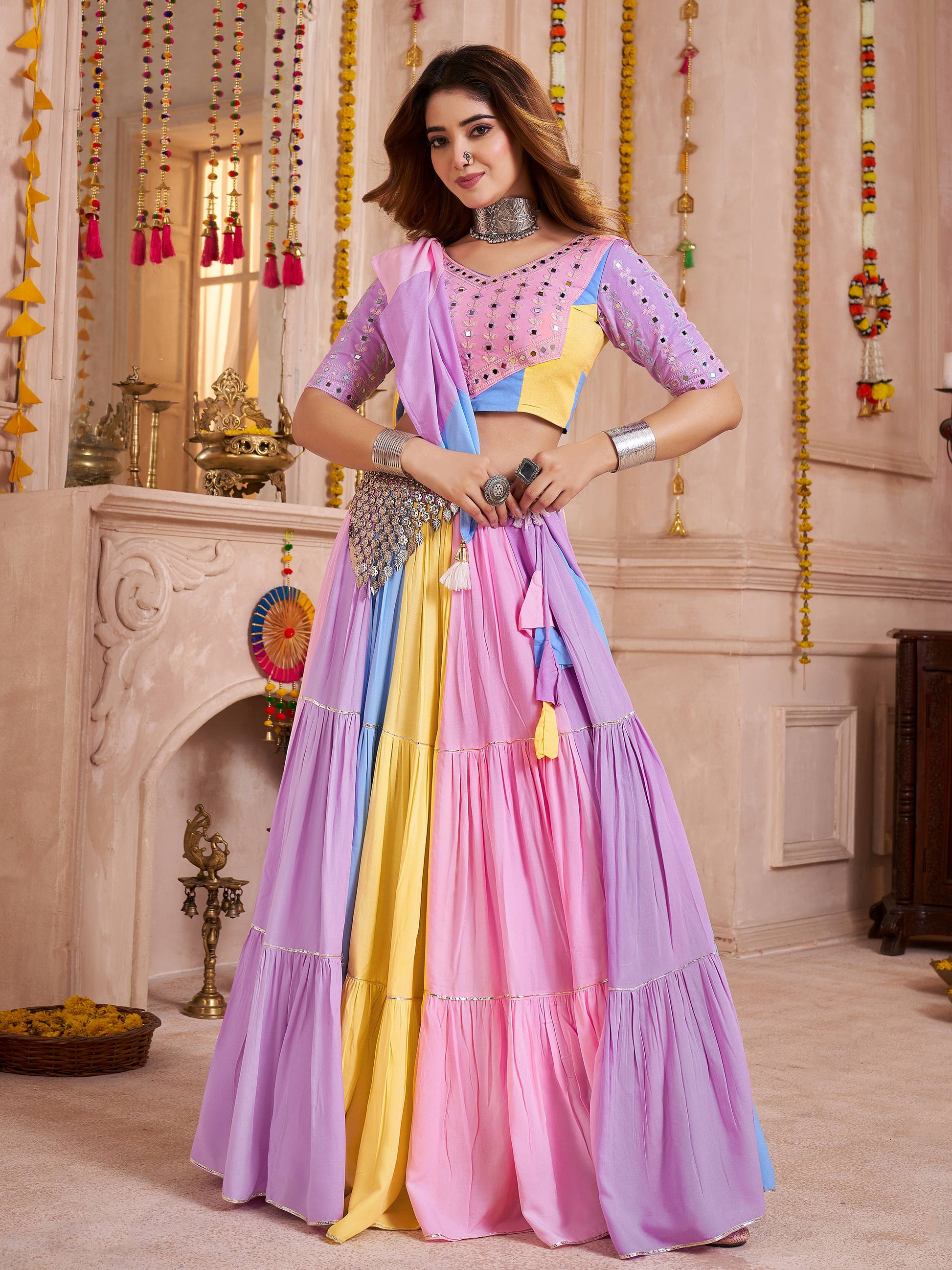 Astonishing Multi-Color Cotton Mirror Work Lehenga Choli With Dupatta