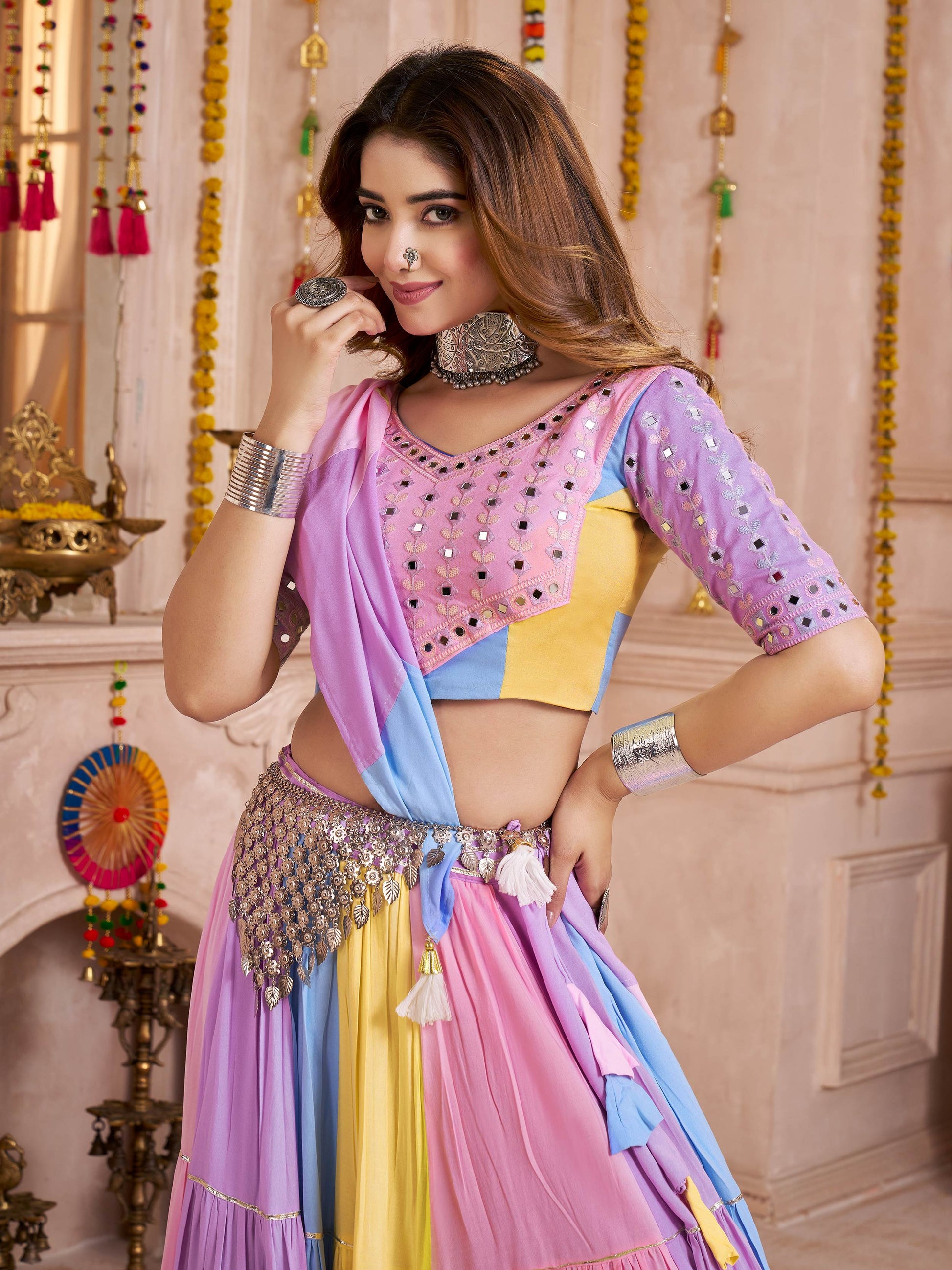 Astonishing Multi-Color Cotton Mirror Work Lehenga Choli With Dupatta