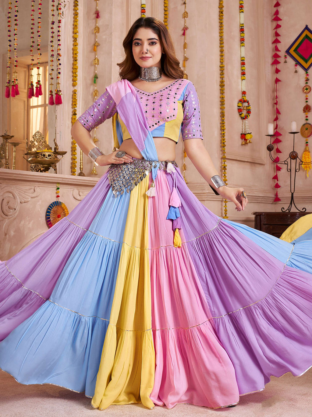 Astonishing Multi-Color Cotton Mirror Work Lehenga Choli With Dupatta