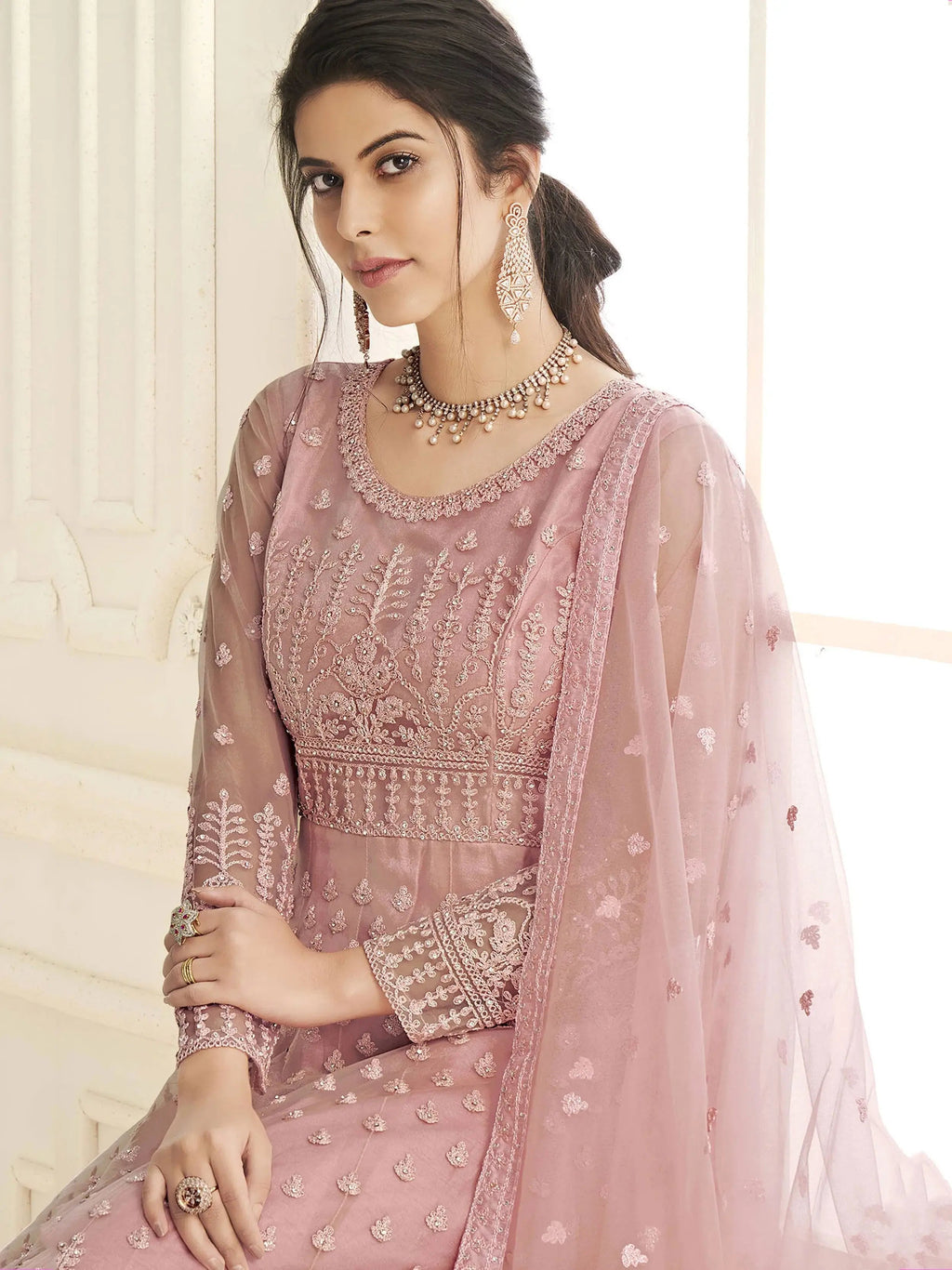 Pretty Baby Pink Net Embroidered Function Wear Gown With Dupatta
