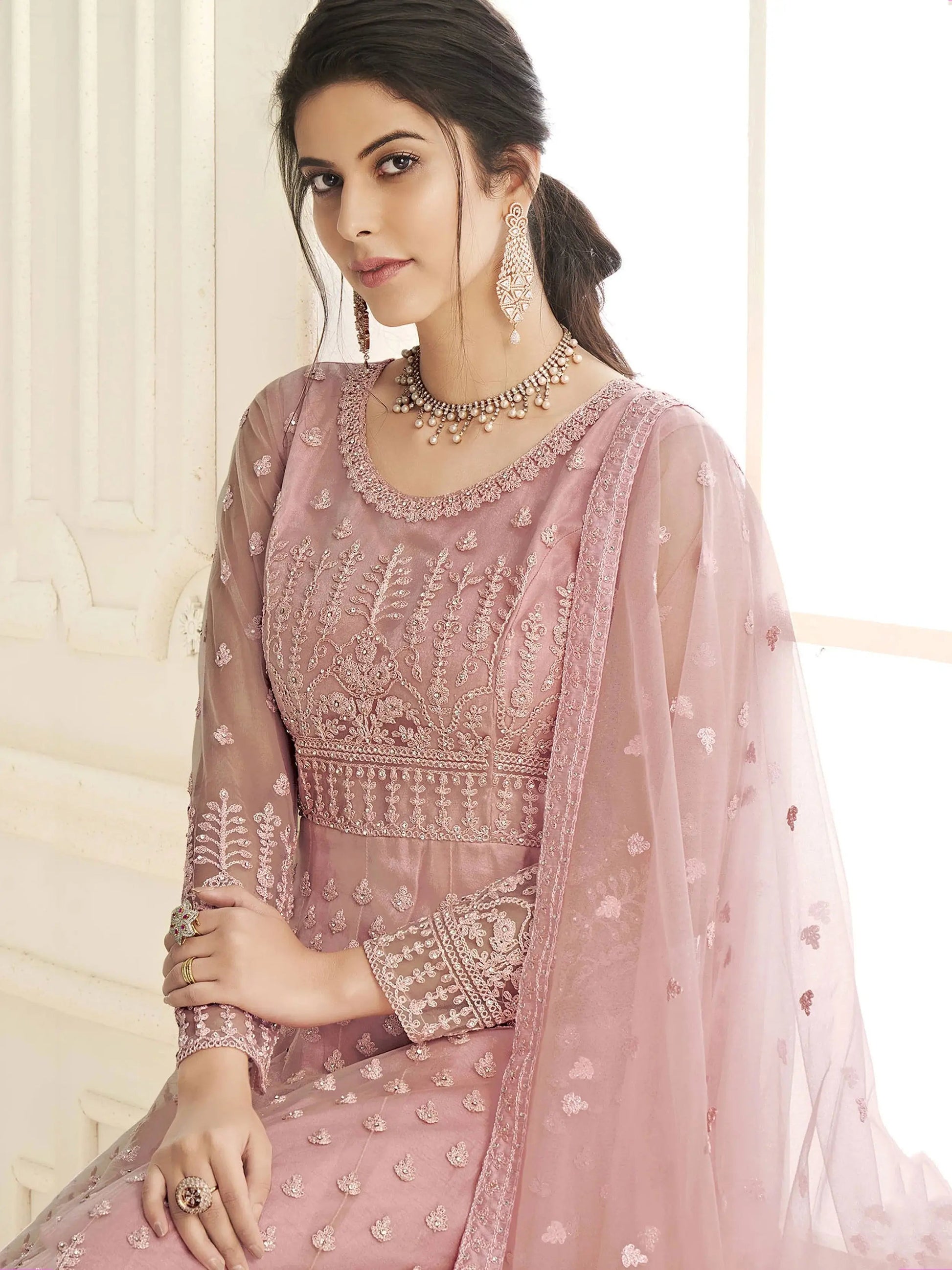 Pretty Baby Pink Net Embroidered Function Wear Gown With Dupatta