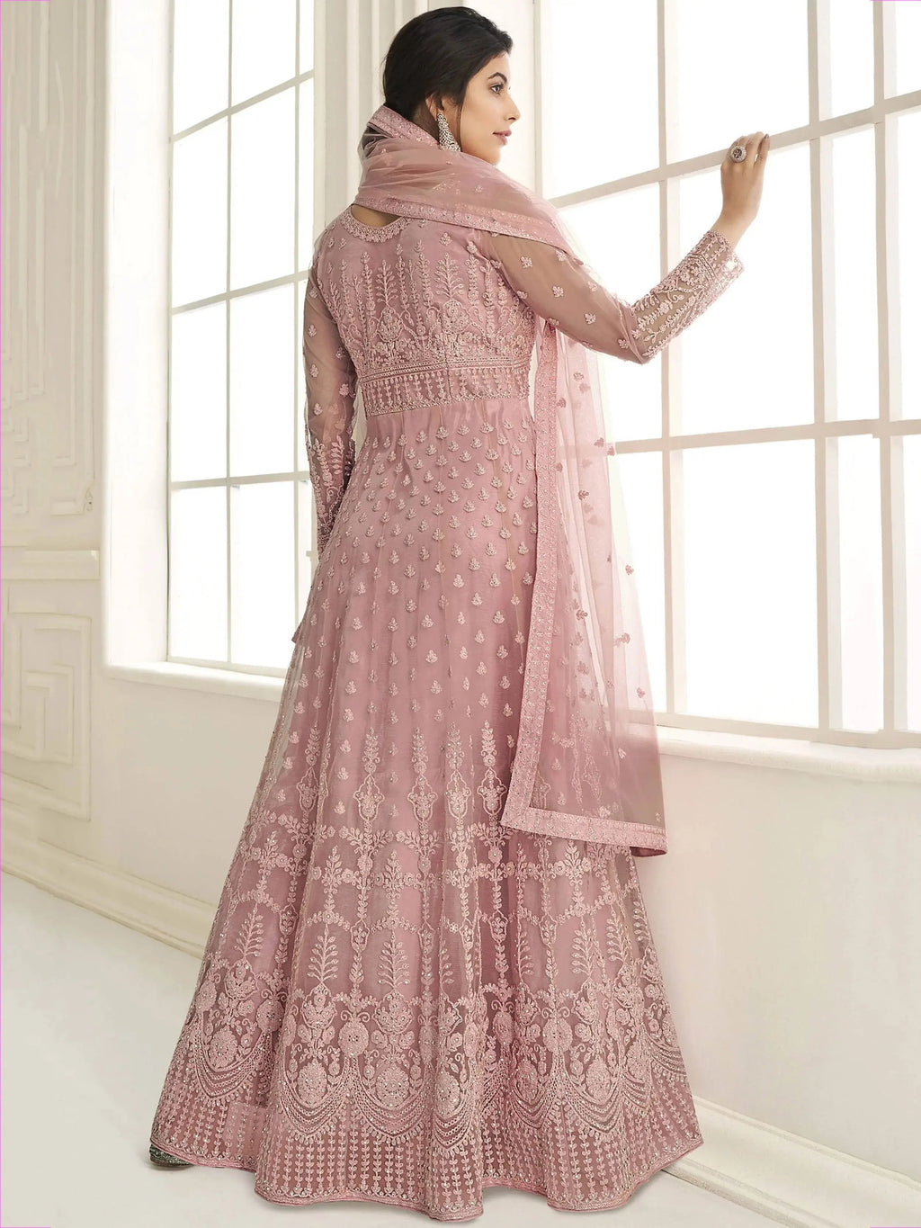 Pretty Baby Pink Net Embroidered Function Wear Gown With Dupatta