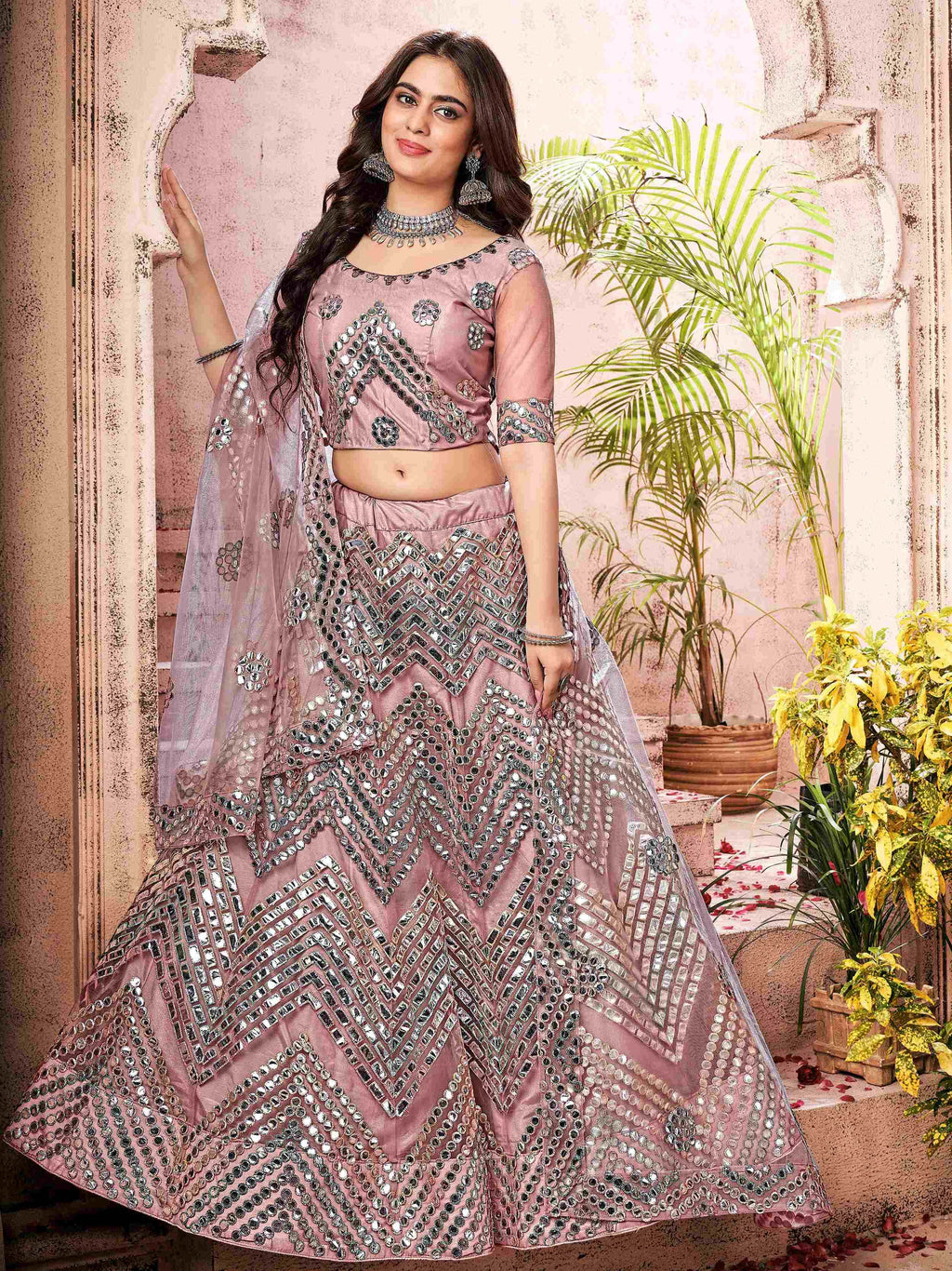 Gleaming Dusty Pink Net Paper Mirror Work Wedding Lehenga Choli