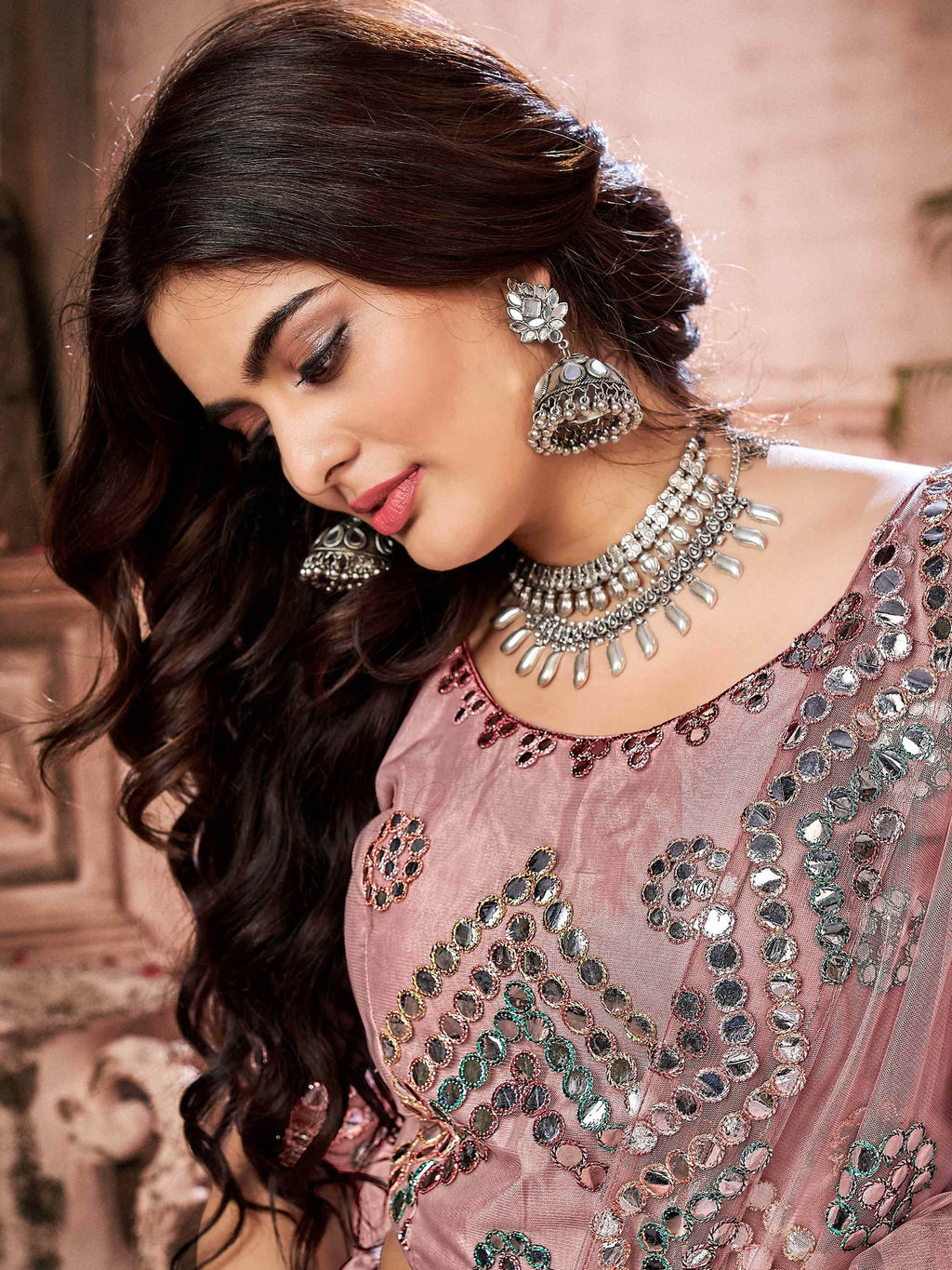 Gleaming Dusty Pink Net Paper Mirror Work Wedding Lehenga Choli