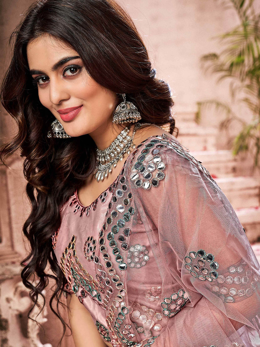 Gleaming Dusty Pink Net Paper Mirror Work Wedding Lehenga Choli