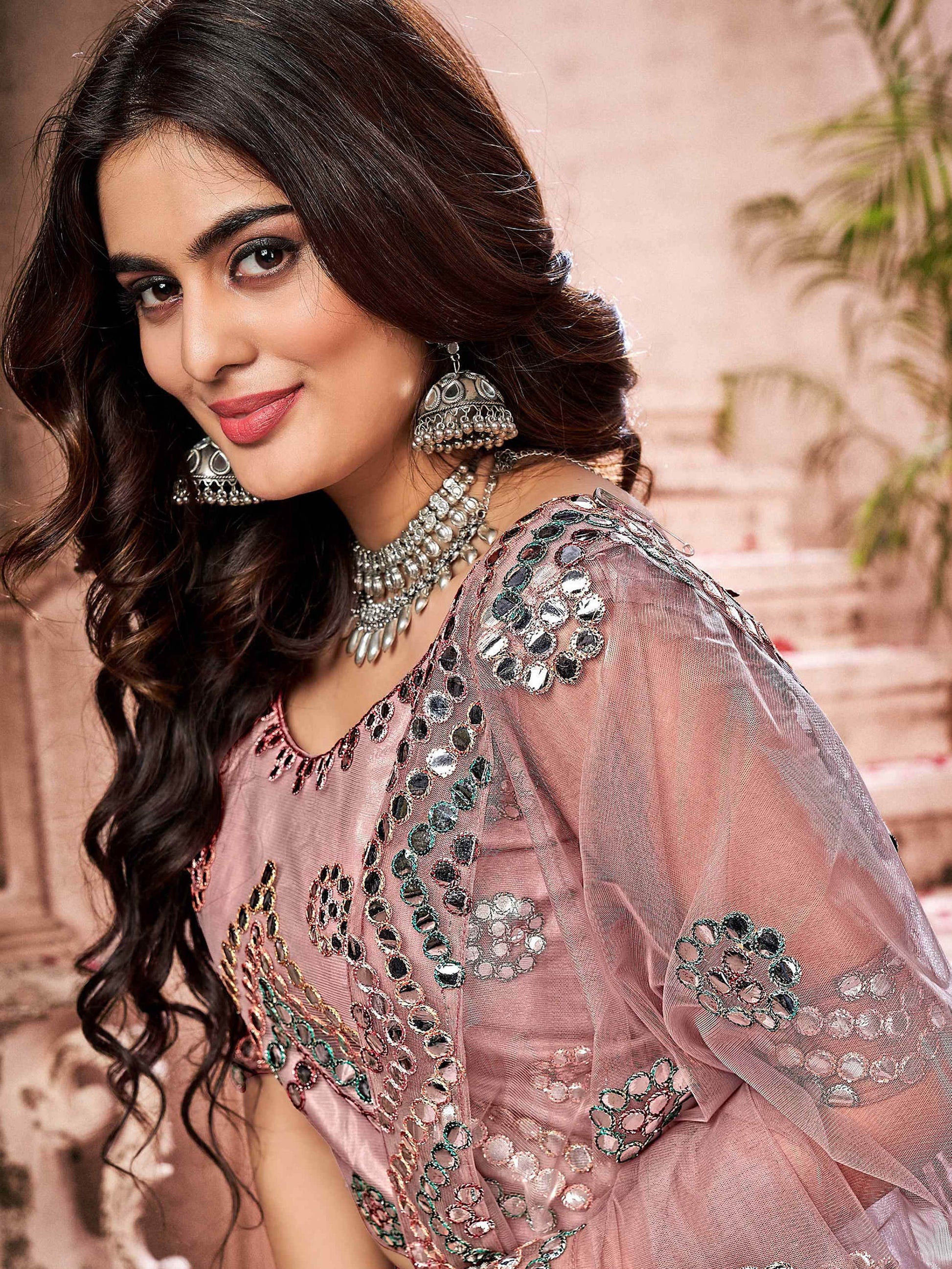 Gleaming Dusty Pink Net Paper Mirror Work Wedding Lehenga Choli