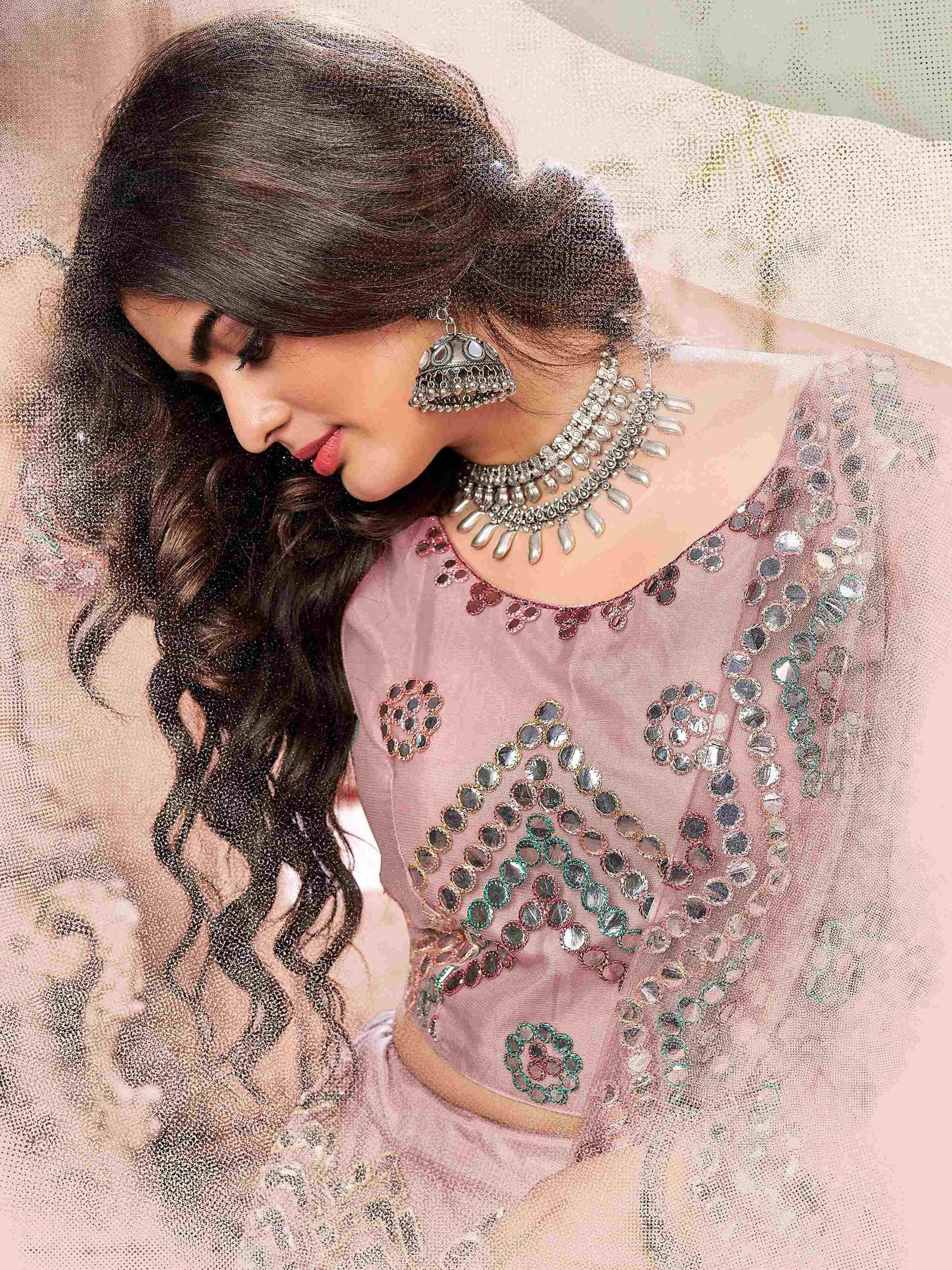 Gleaming Dusty Pink Net Paper Mirror Work Wedding Lehenga Choli