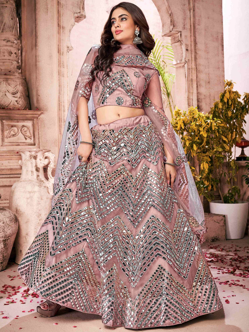 Gleaming Dusty Pink Net Paper Mirror Work Wedding Lehenga Choli