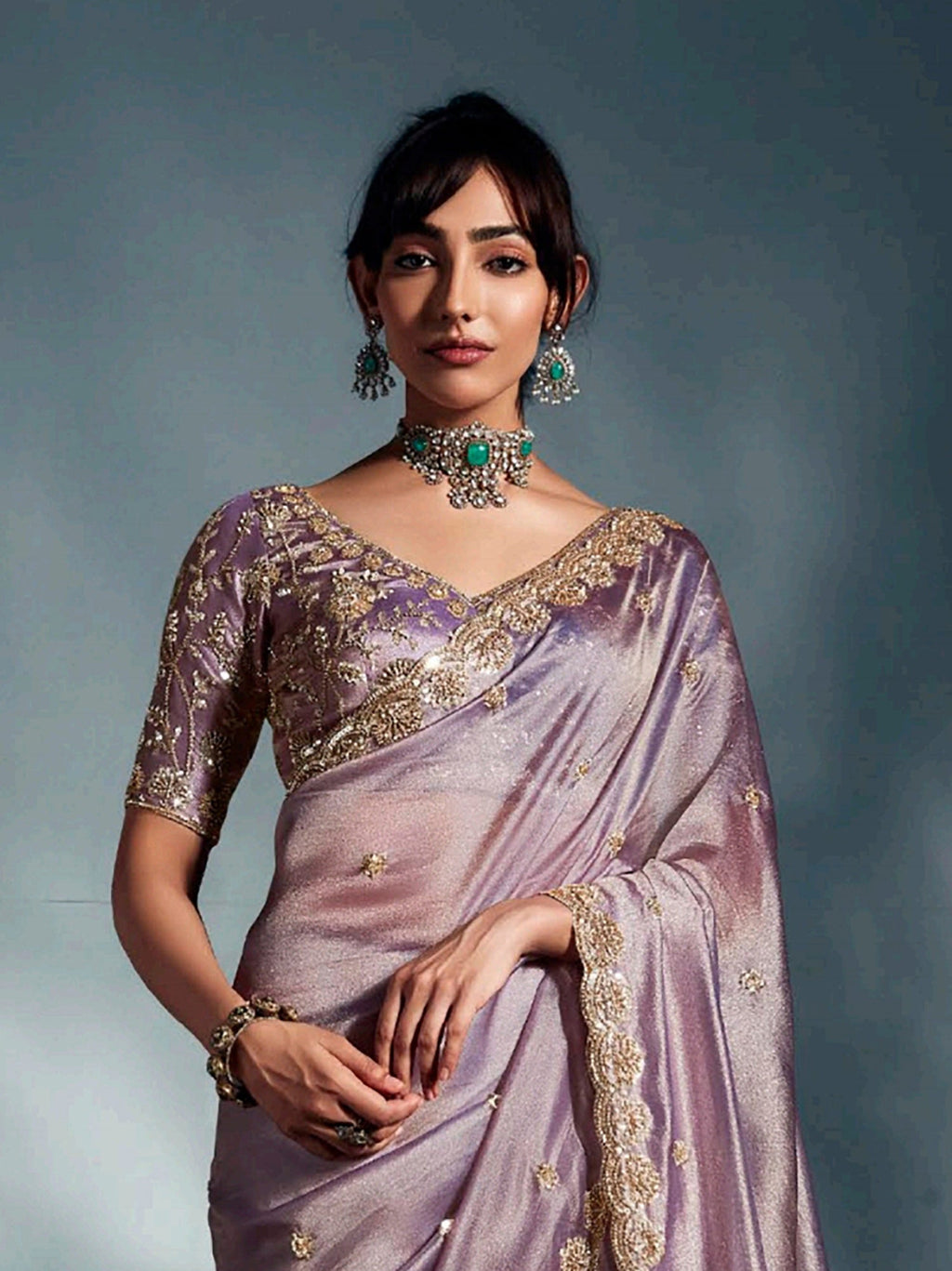 Lovely Lavender Organza Embroidered Designer Saree With Blouse