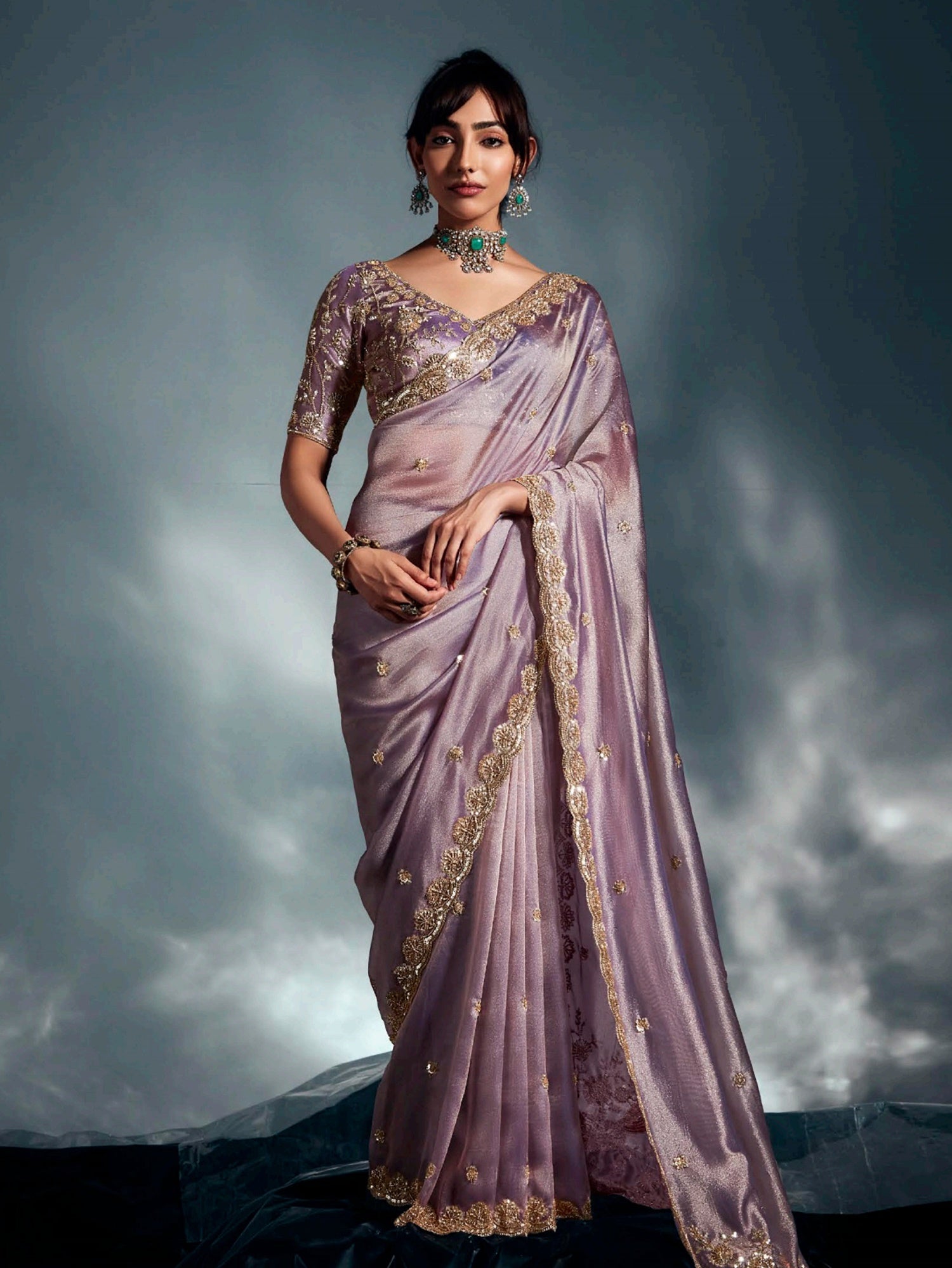 Lovely Lavender Organza Embroidered Designer Saree With Blouse