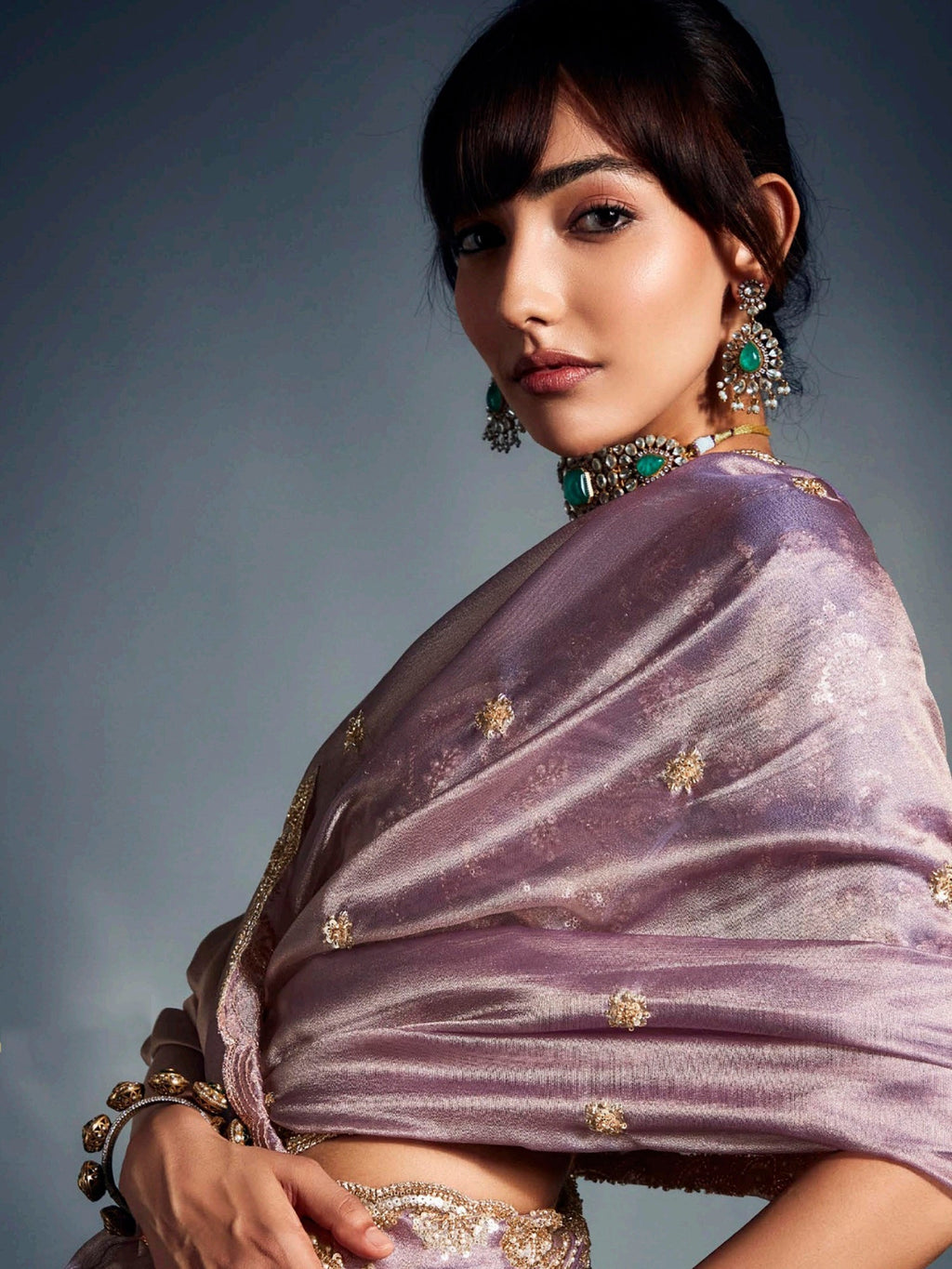 Lovely Lavender Organza Embroidered Designer Saree With Blouse