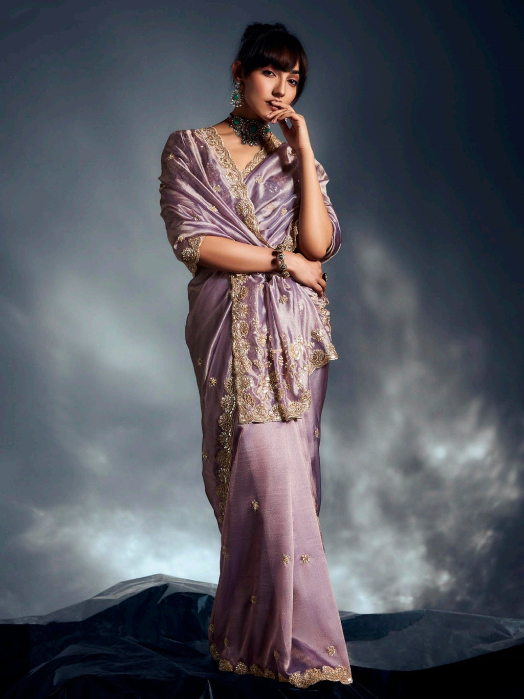 Lovely Lavender Organza Embroidered Designer Saree With Blouse