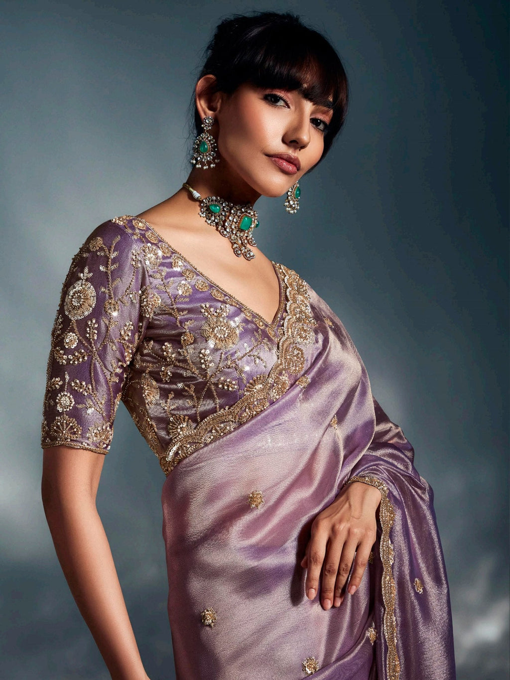 Lovely Lavender Organza Embroidered Designer Saree With Blouse