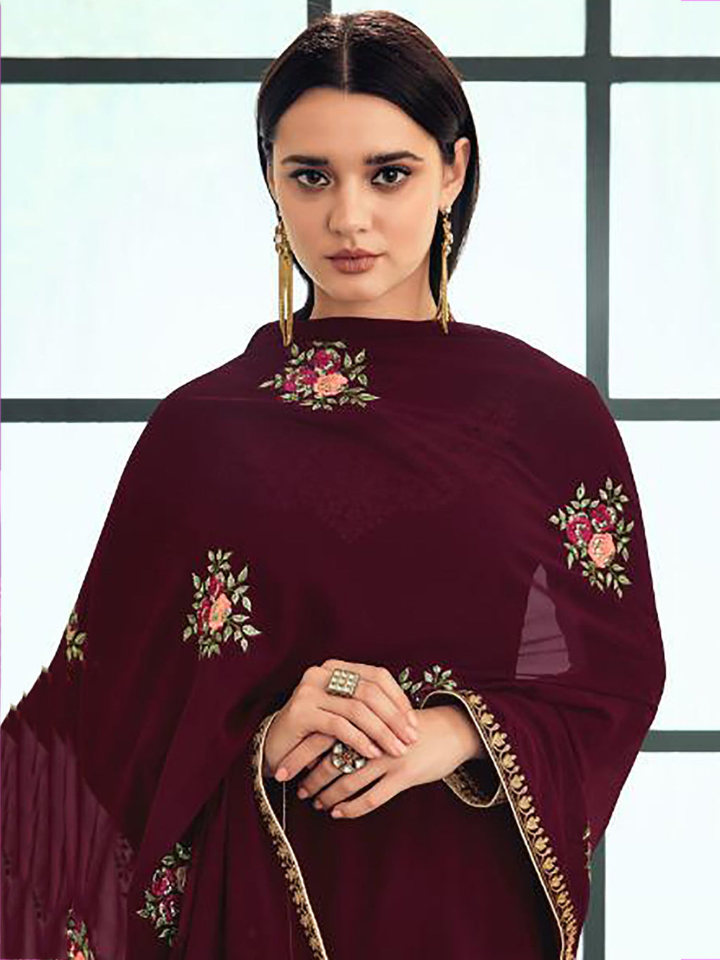 Delicate Maroon Georgette Embroidered Palazzo Suit With Dupatta