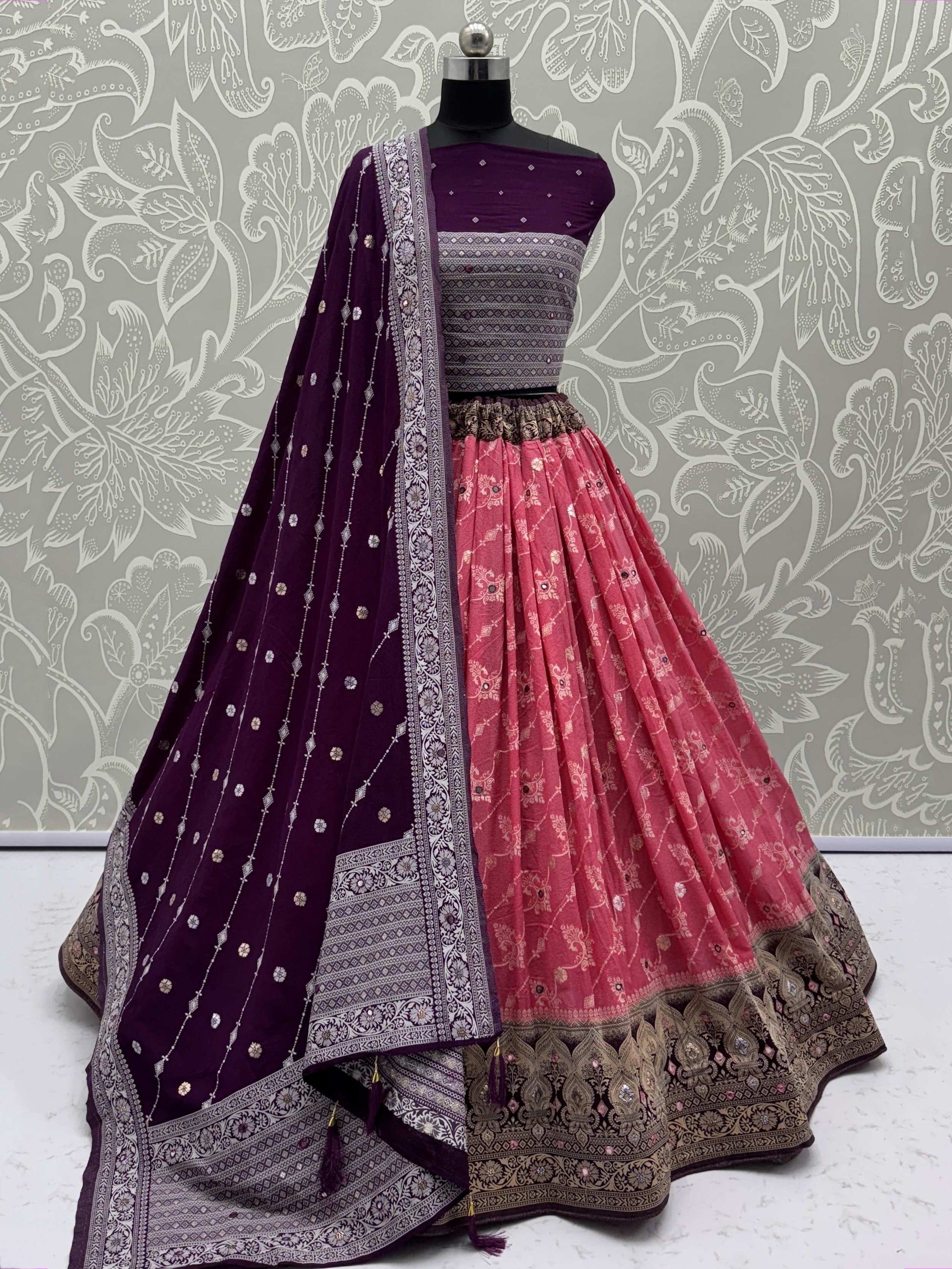 Lovely Pink Georgette Zari Weaving Lehenga Choli With Dupatta