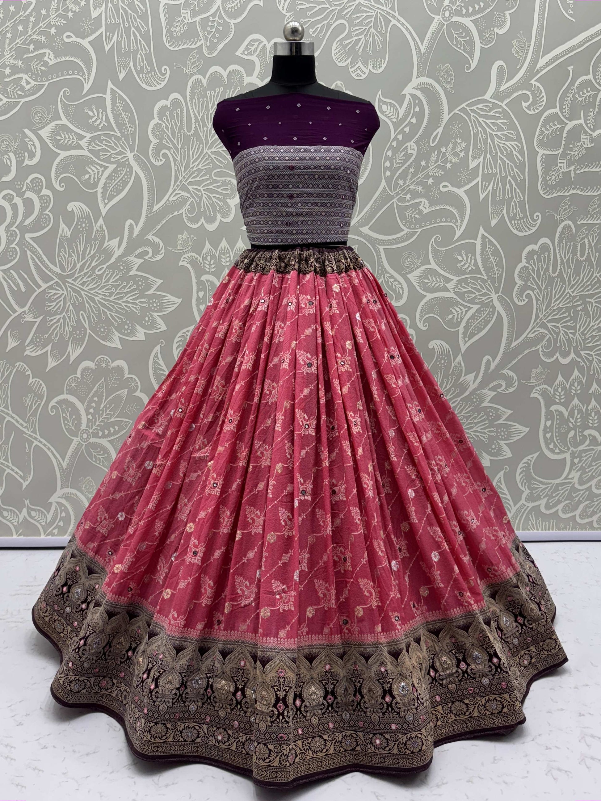 Lovely Pink Georgette Zari Weaving Lehenga Choli With Dupatta