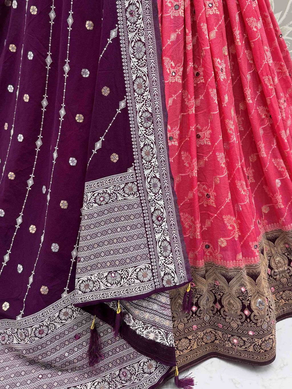 Lovely Pink Georgette Zari Weaving Lehenga Choli With Dupatta
