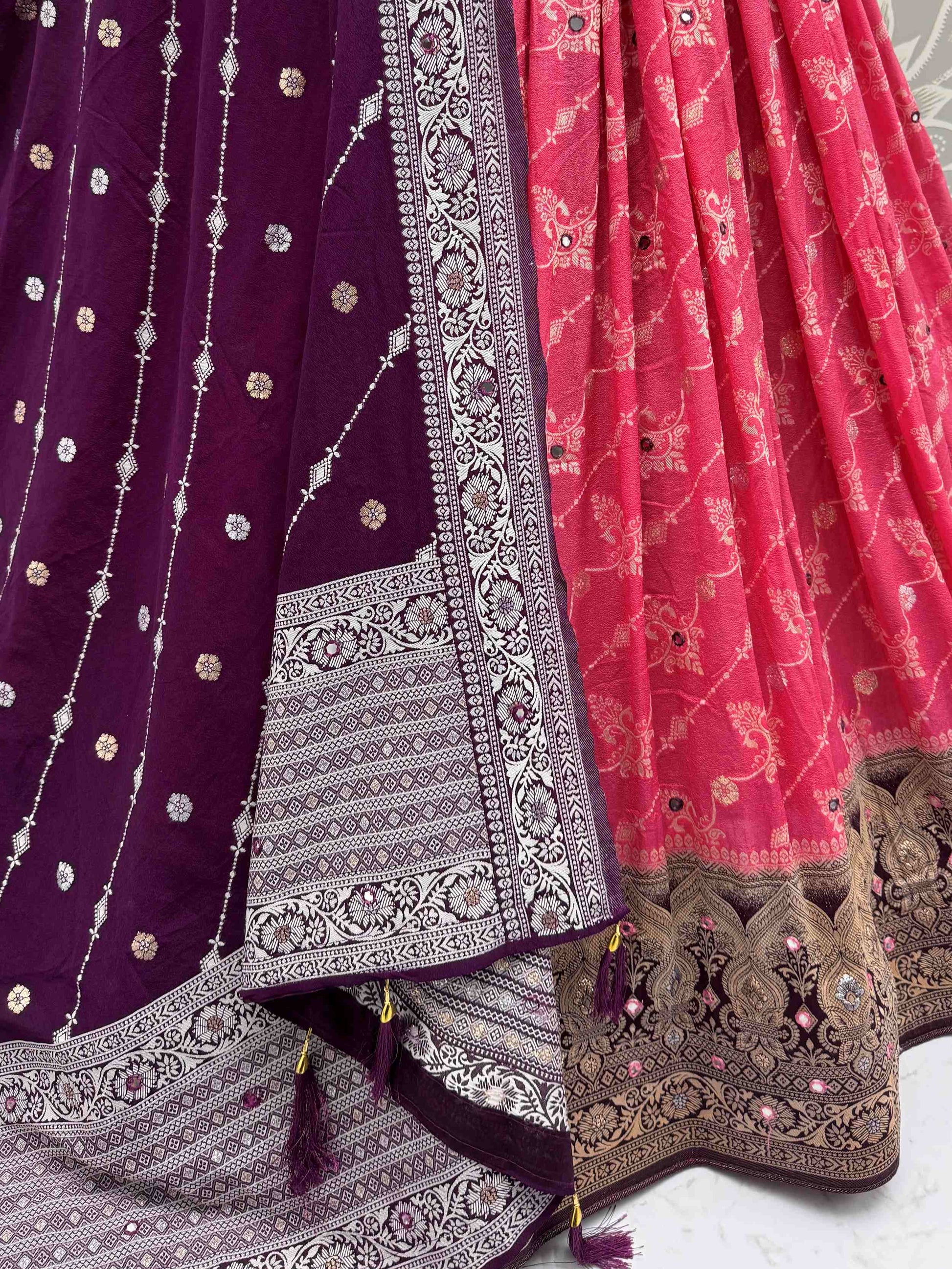 Lovely Pink Georgette Zari Weaving Lehenga Choli With Dupatta