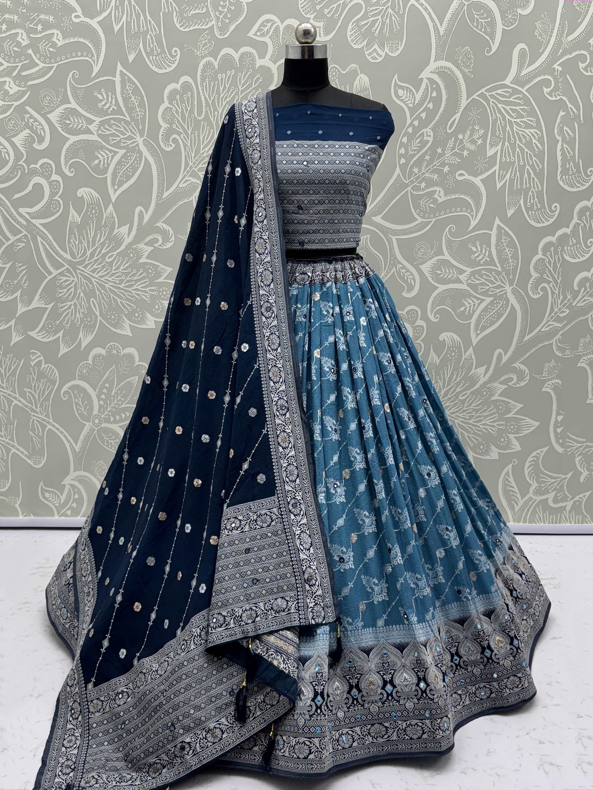 Attractive Sky Blue Mirror Work Lehenga Choli With Banarasi Dupatta