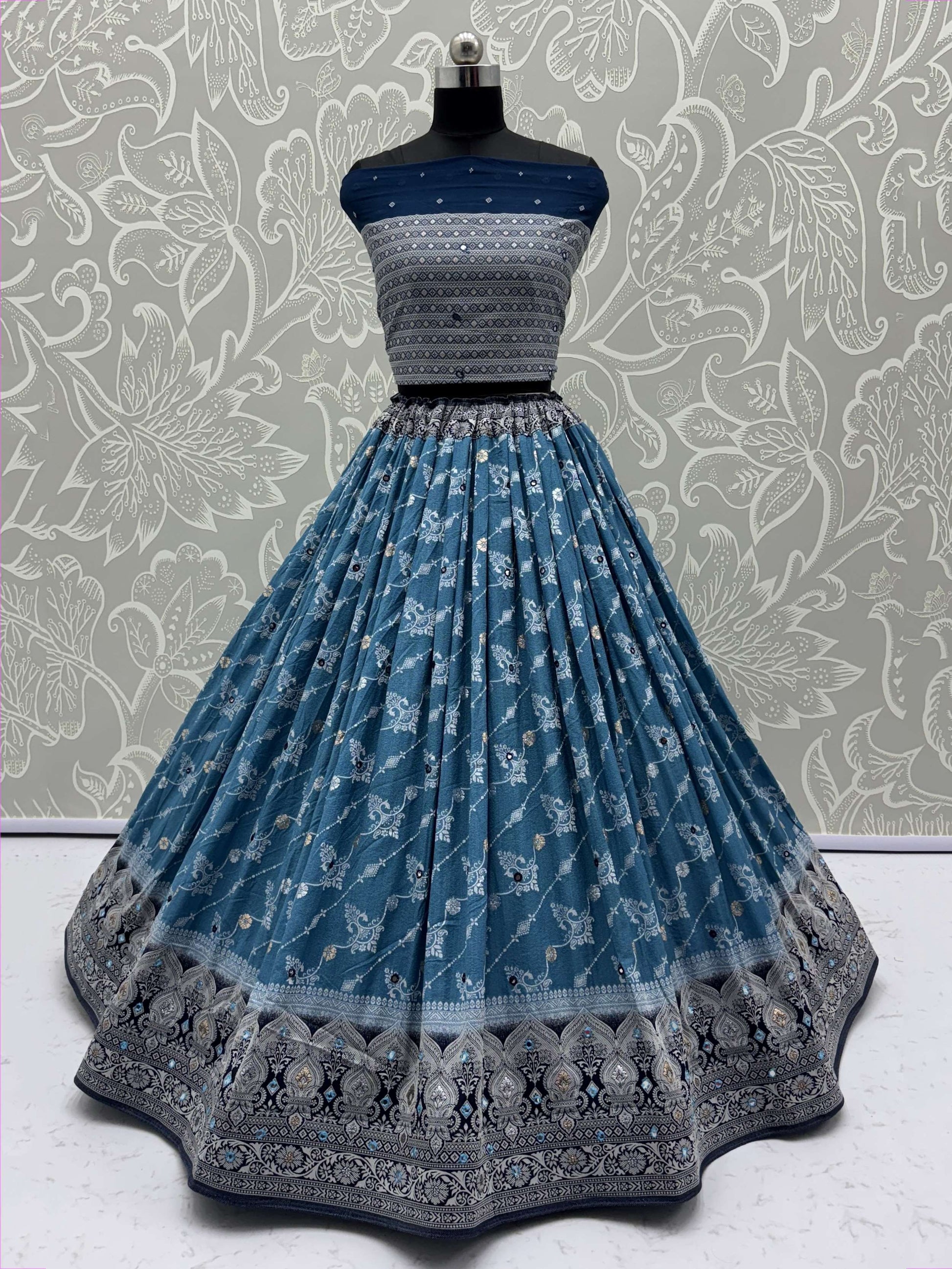 Attractive Sky Blue Mirror Work Lehenga Choli With Banarasi Dupatta