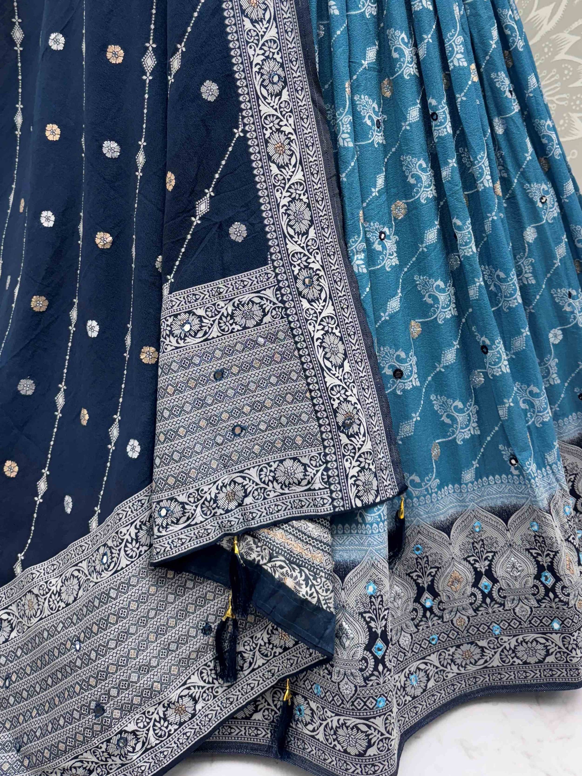 Attractive Sky Blue Mirror Work Lehenga Choli With Banarasi Dupatta