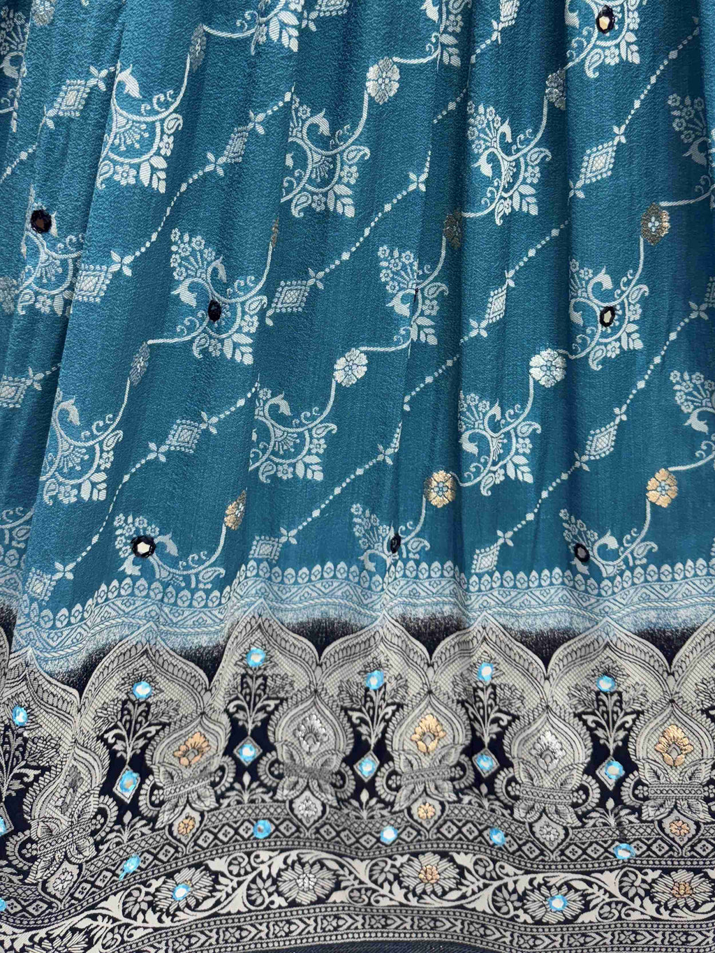 Attractive Sky Blue Mirror Work Lehenga Choli With Banarasi Dupatta