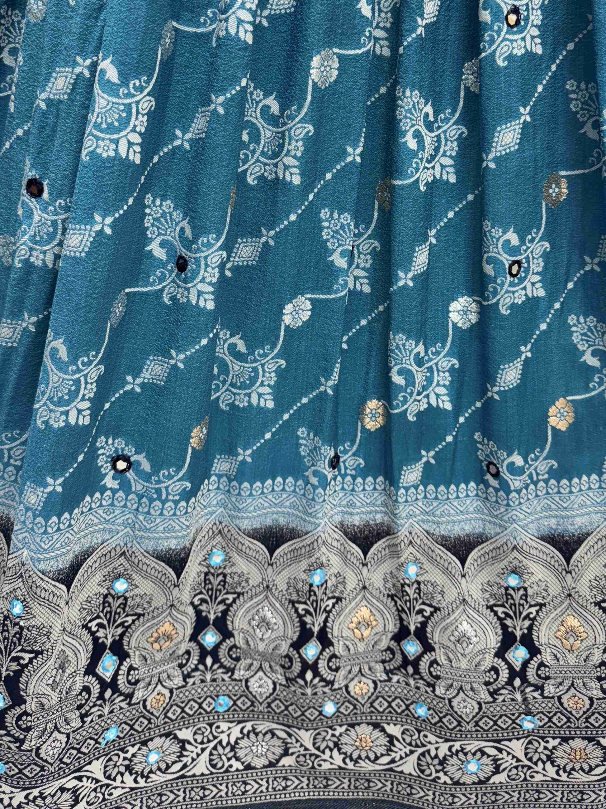 Attractive Sky Blue Mirror Work Lehenga Choli With Banarasi Dupatta