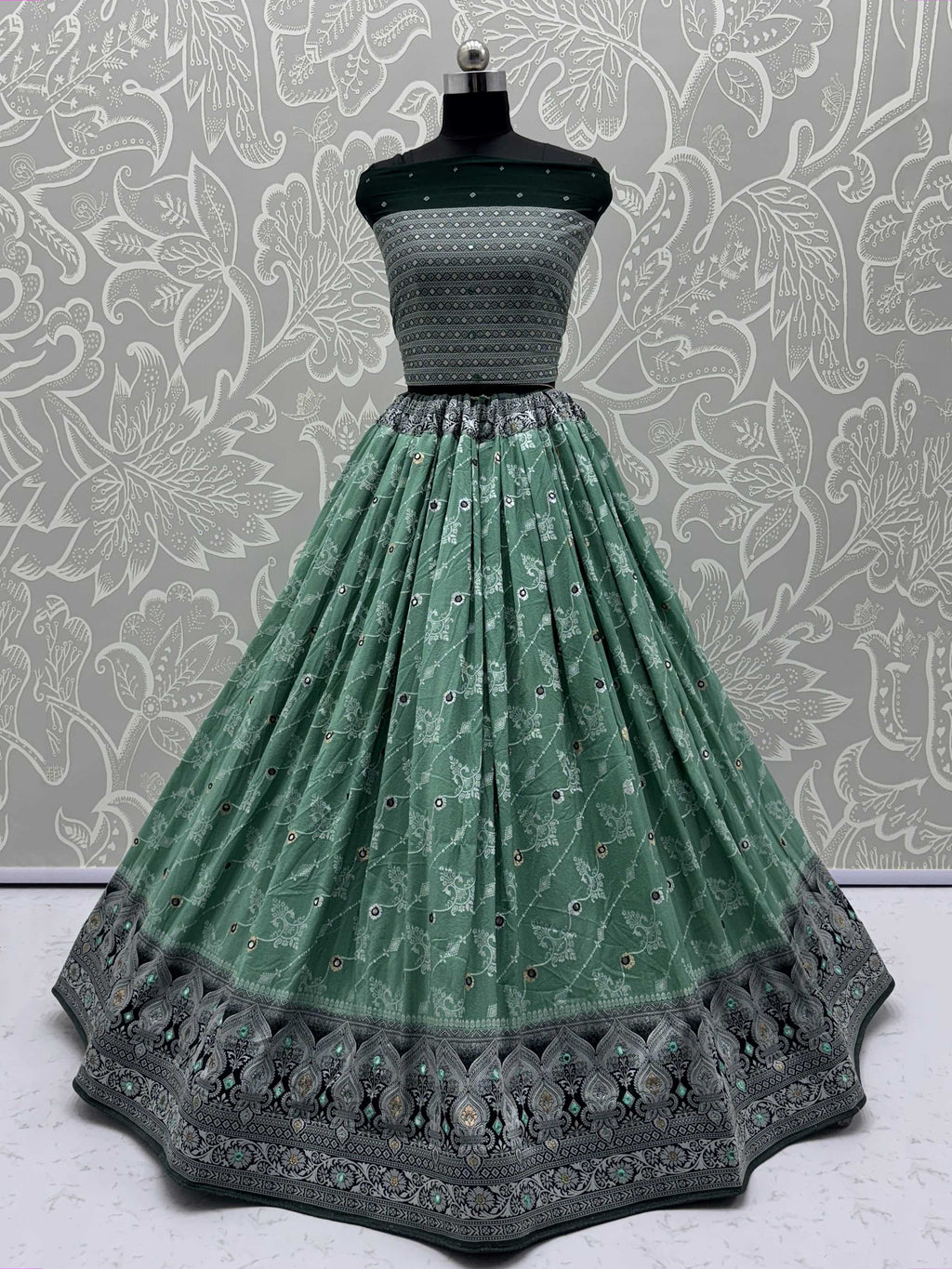 Pretty Green Zari Weaving Lehenga Choli With Banarasi Dupatta