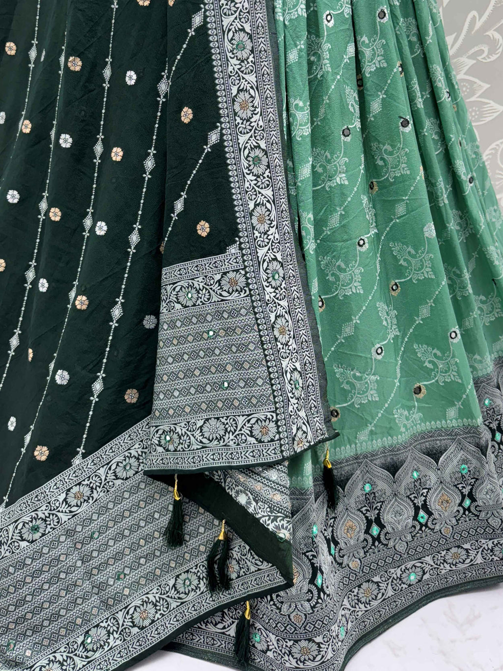 Pretty Green Zari Weaving Lehenga Choli With Banarasi Dupatta