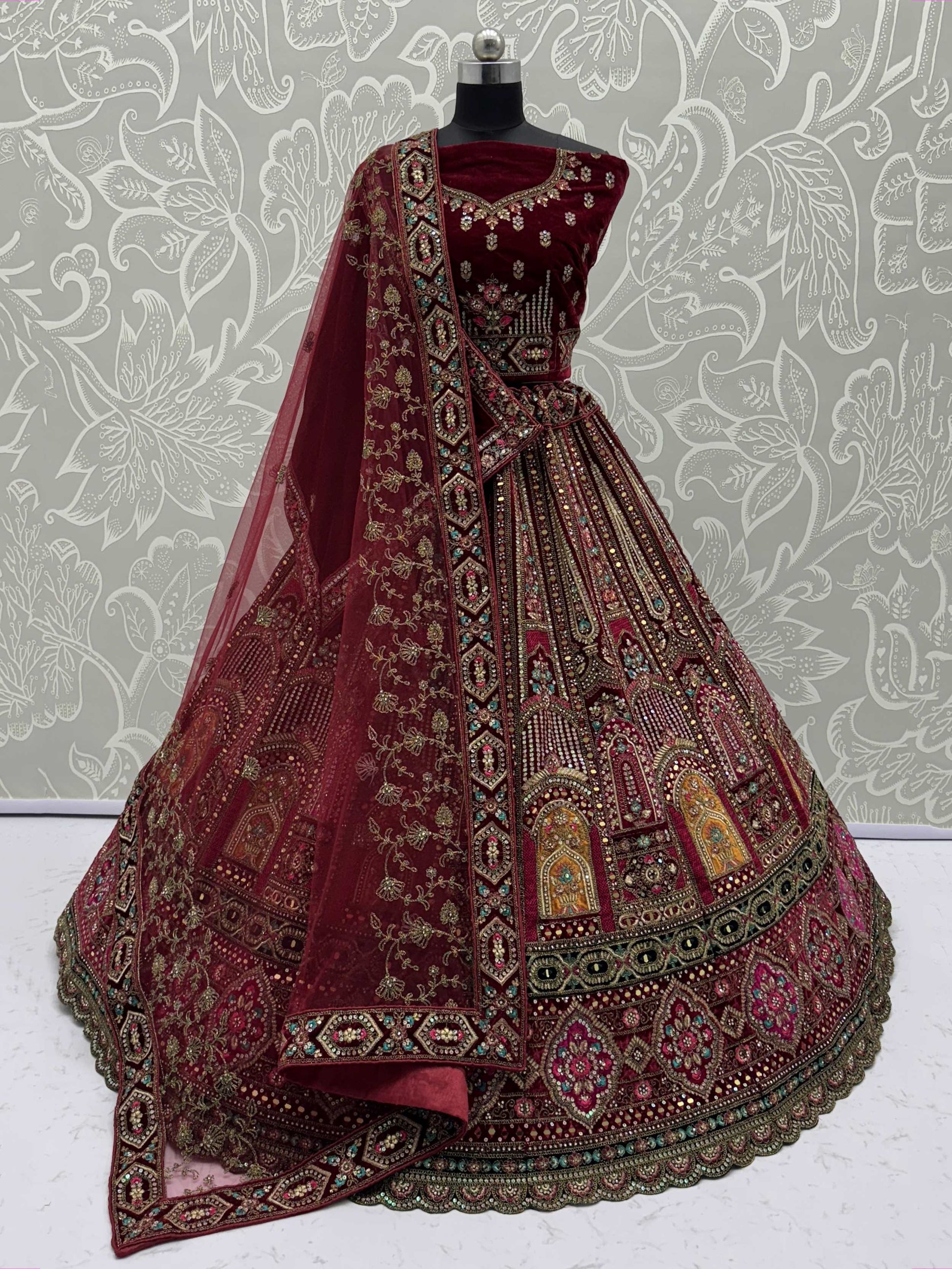 Beautiful Maroon Embroidered Bridal Lehenga Choli With Double Dupatta