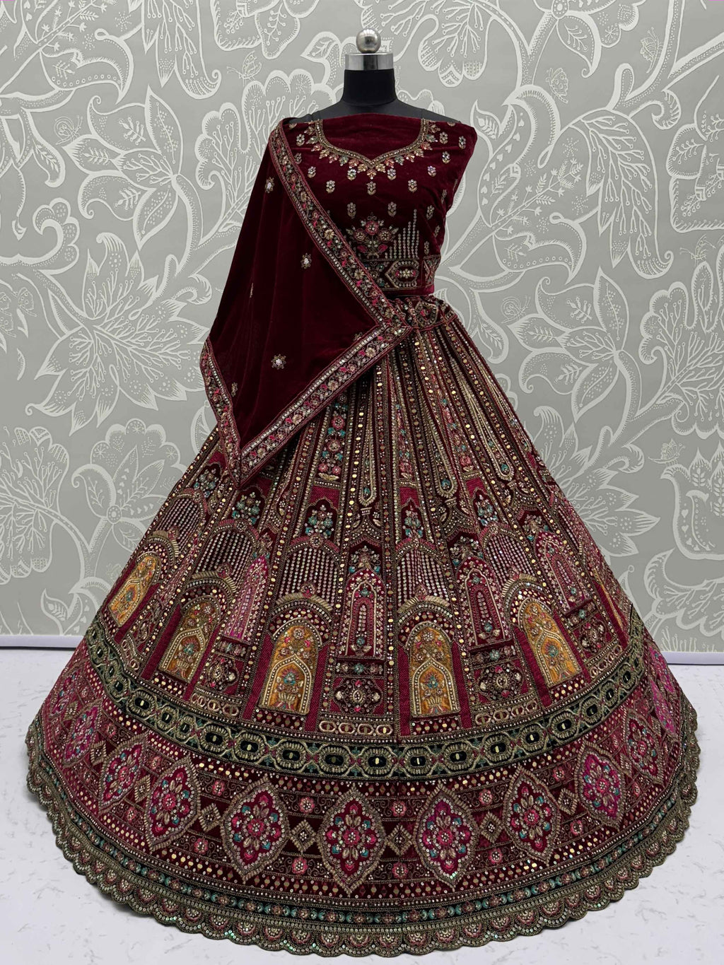 Beautiful Maroon Embroidered Bridal Lehenga Choli With Double Dupatta