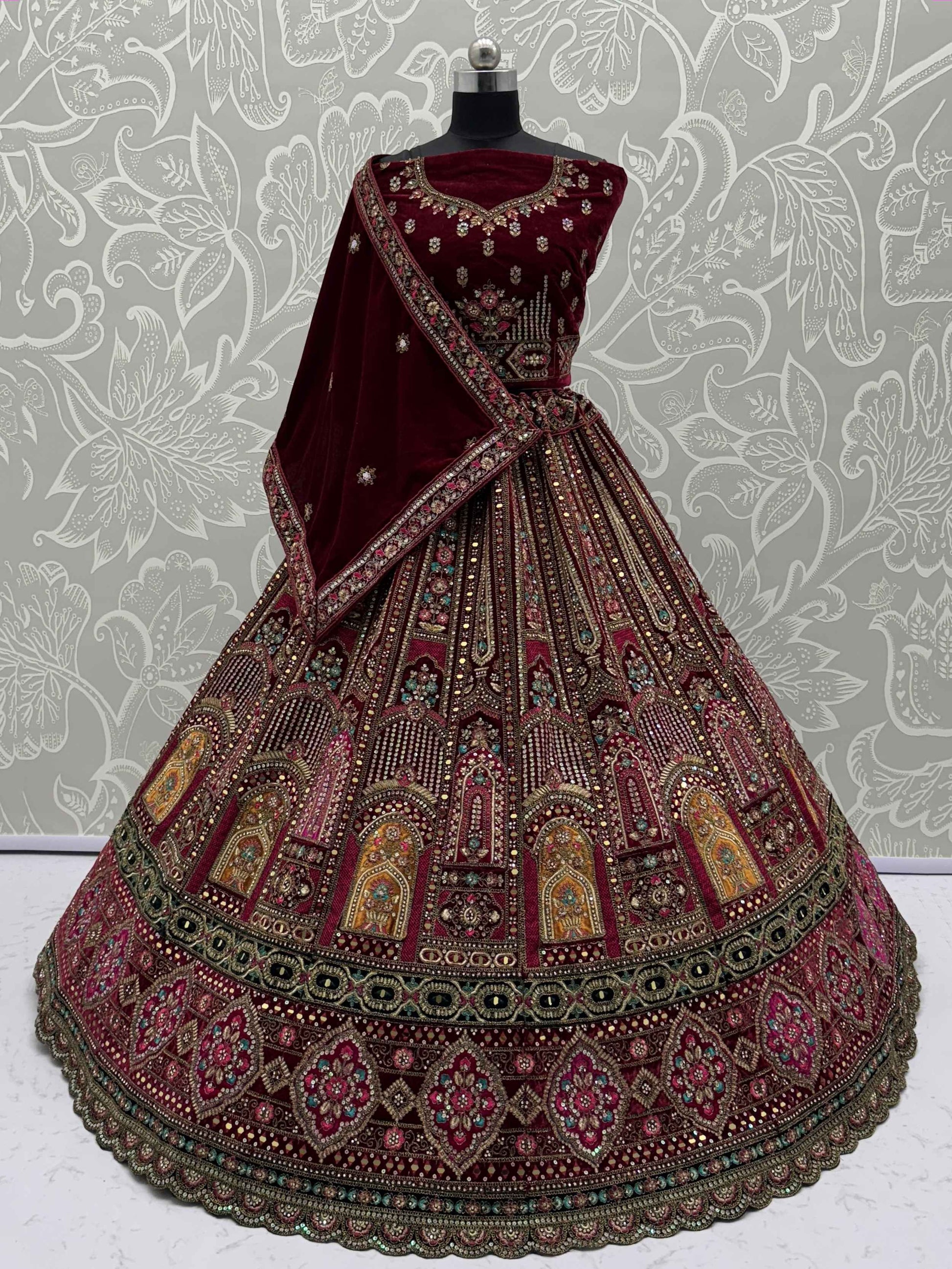 Beautiful Maroon Embroidered Bridal Lehenga Choli With Double Dupatta