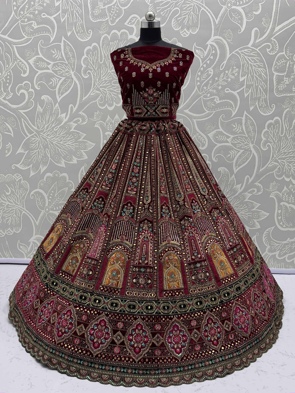 Beautiful Maroon Embroidered Bridal Lehenga Choli With Double Dupatta